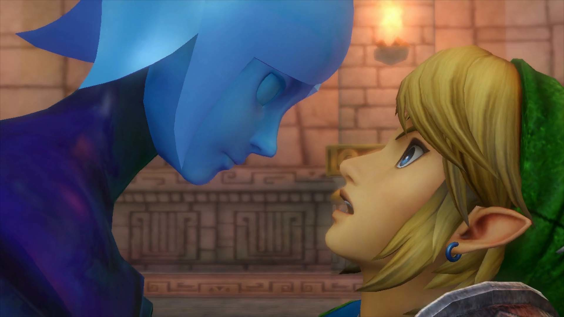 Link blickt besorgt auf eine blaue, geisterhafte Figur in einem Steingewölbe.