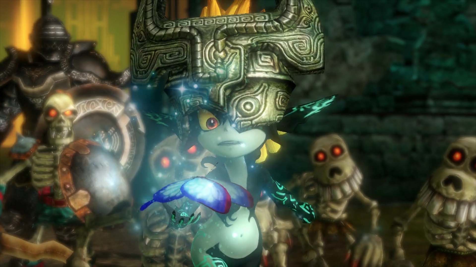 Midna im Vordergrund mit einer aufwendigen Maske, umgeben von Skelettkriegern in einer dunklen Umgebung.
