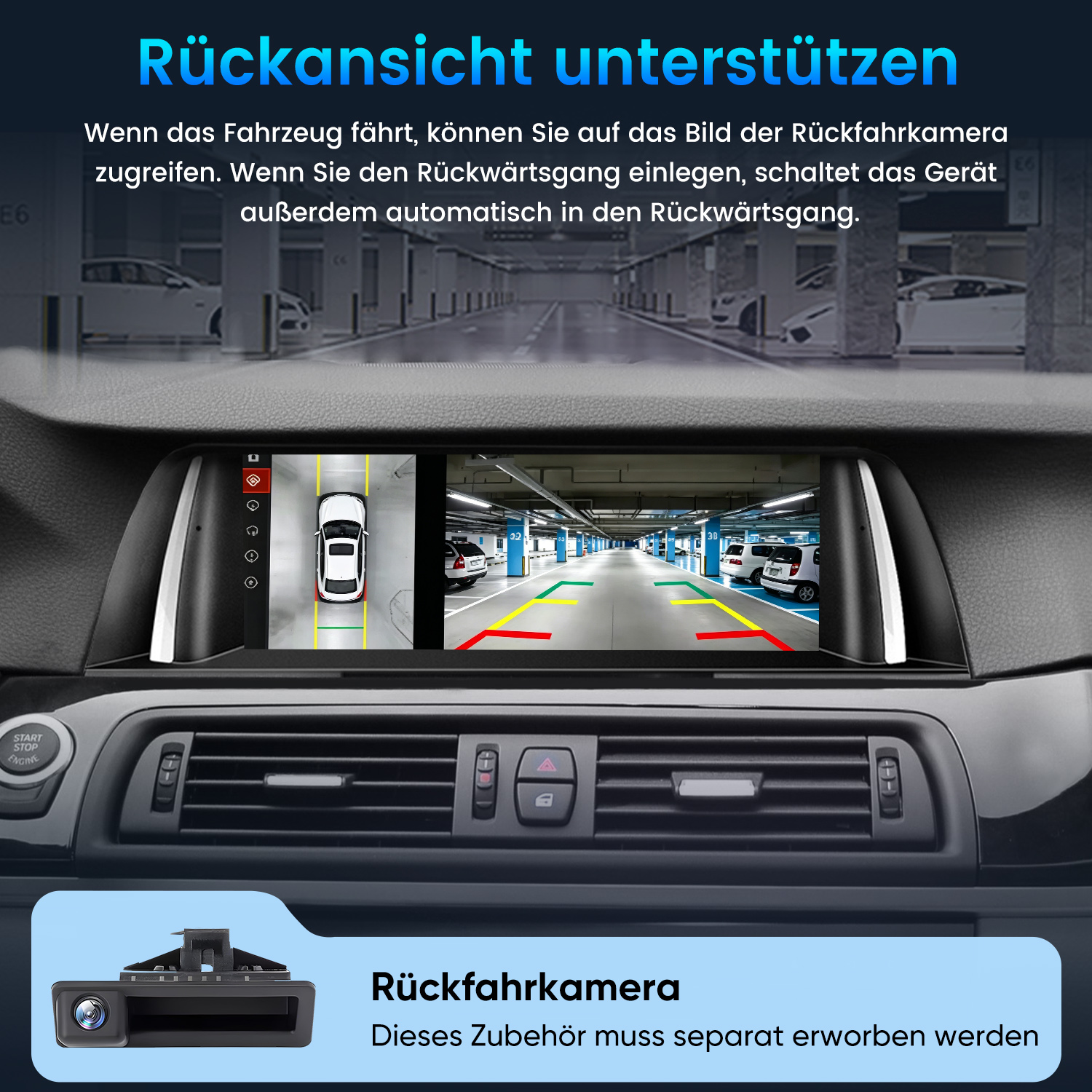 Armaturenbrett mit Display zeigt Rückfahrkamera-Ansicht in einer Tiefgarage, darunter ein Kamerabild.