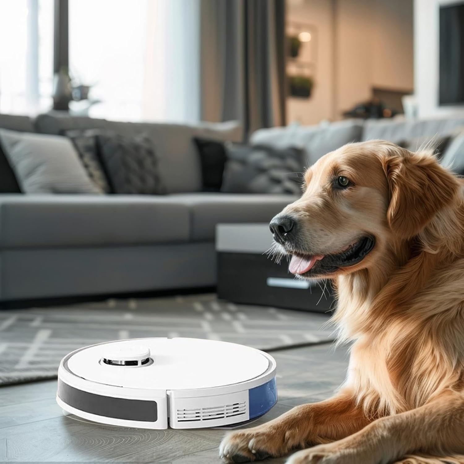 Ein Golden Retriever liegt glücklich auf dem Boden neben einem weißen Roboterstaubsauger in einem modernen Wohnzimmer.