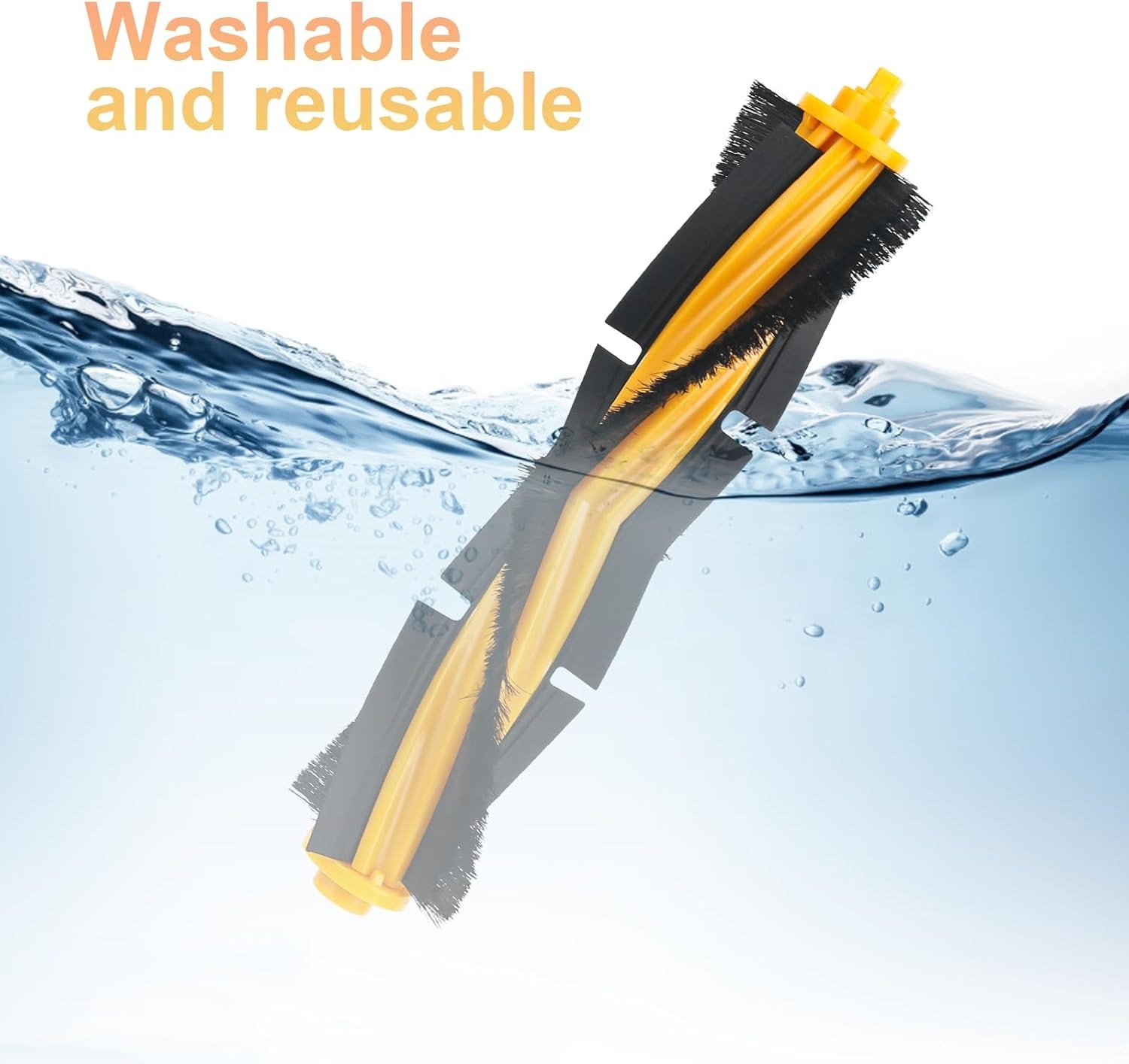 Gelb-schwarze Staubsaugerbürste im Wasser mit Text.