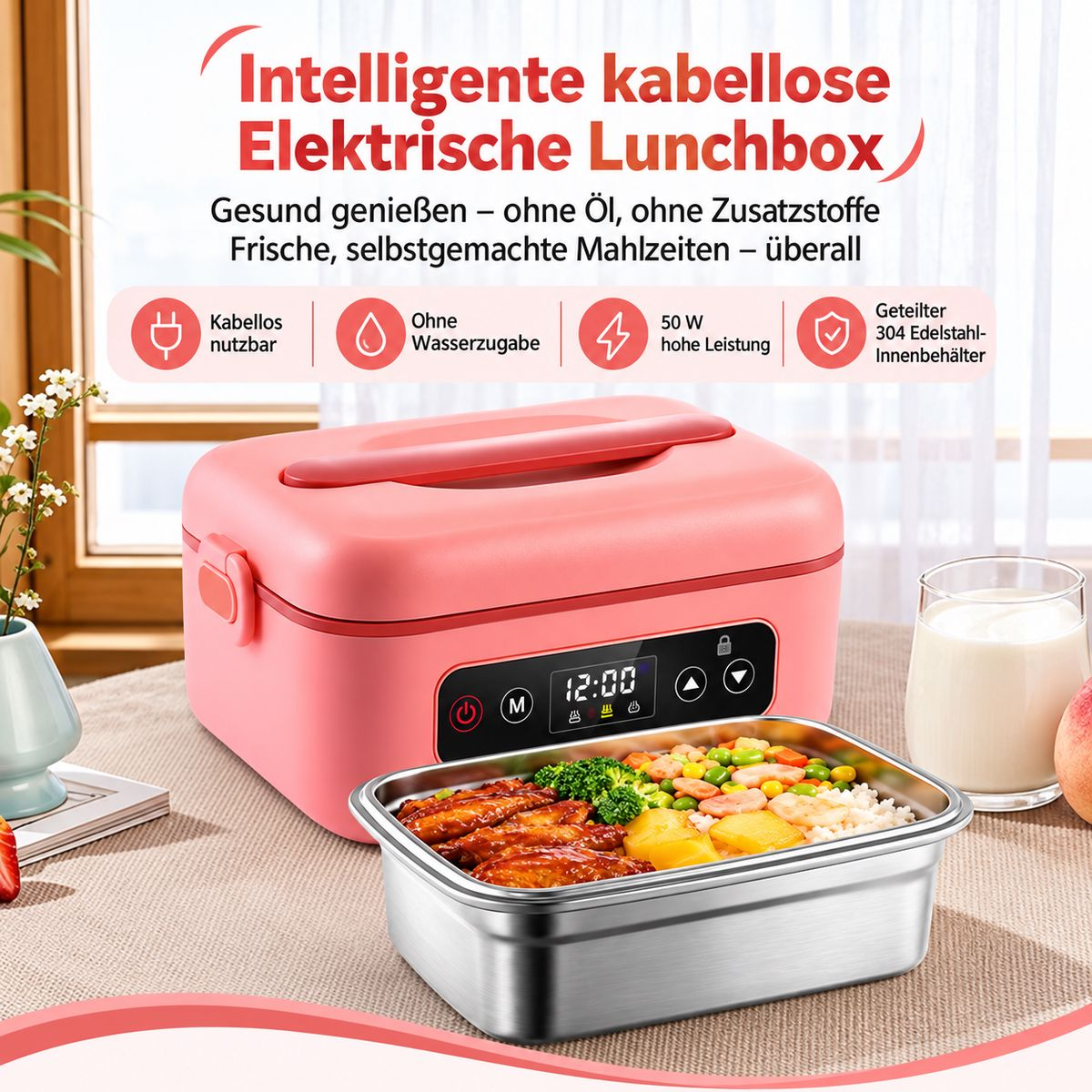 Eine rosa elektrische Lunchbox auf einem Tisch mit einem Edelstahltopf voller gekochter Mahlzeiten davor.