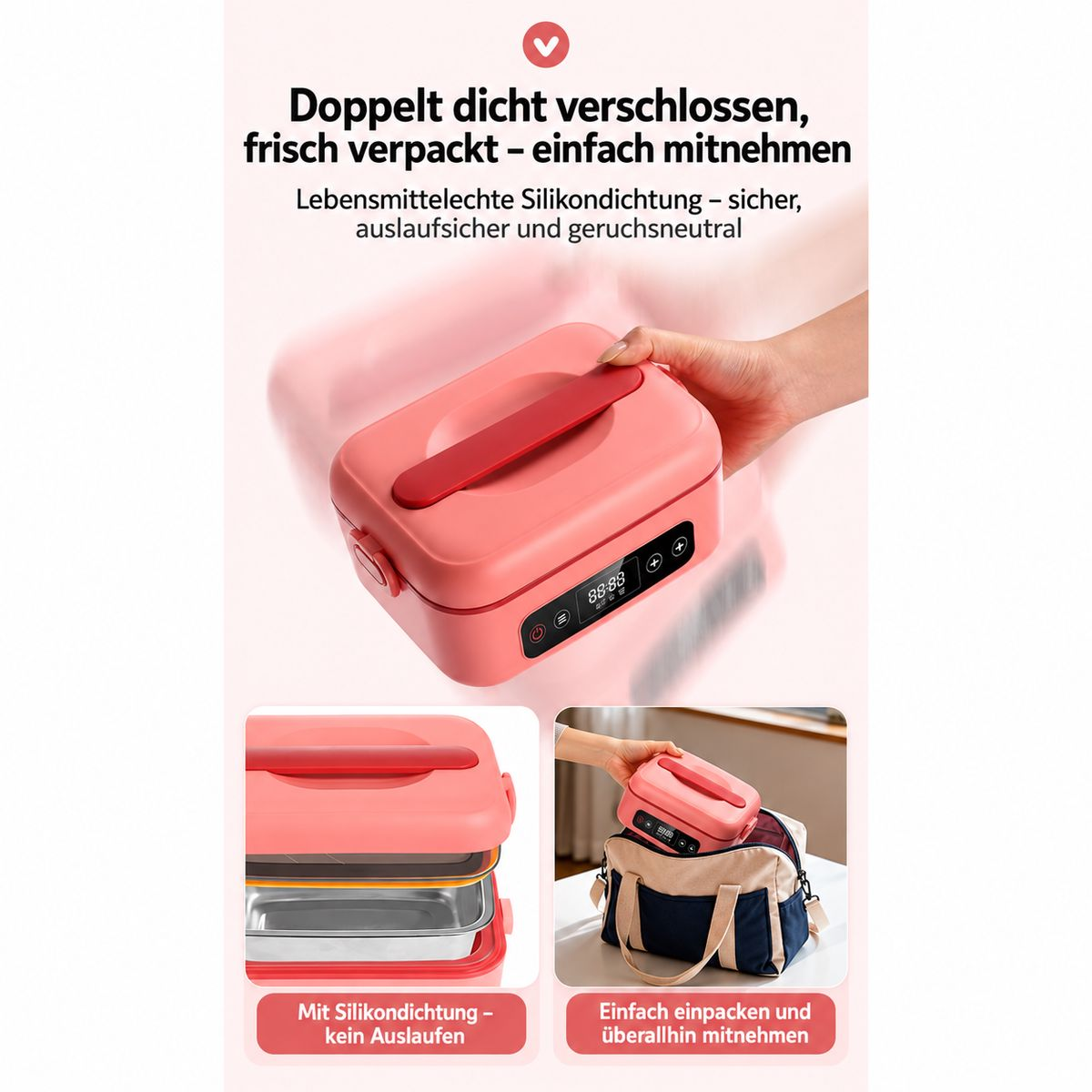 Rosa elektrische Lunchbox mit Digitalanzeige, Fächern und auslaufsicherer Dichtung wird in Tasche gepackt.
