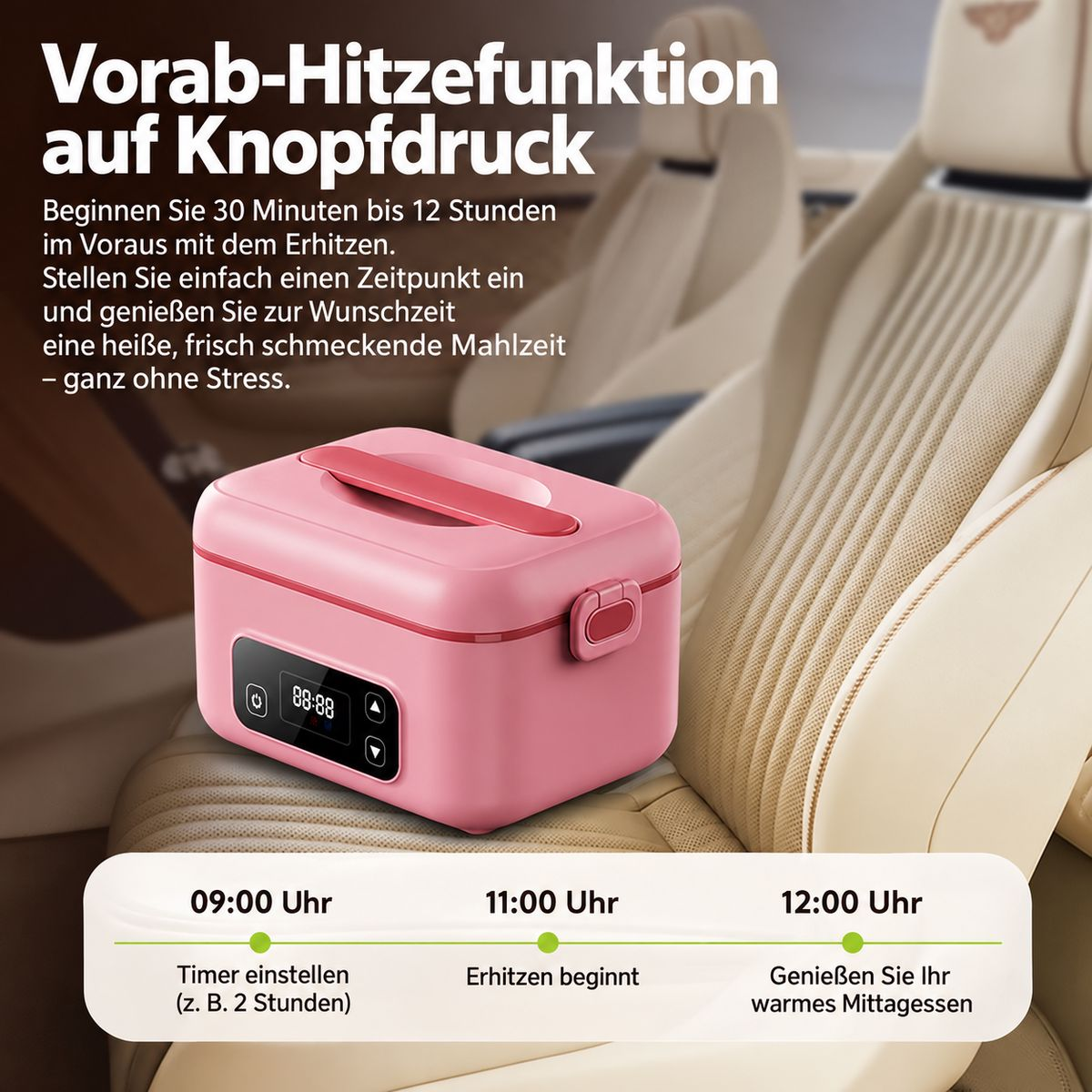 Eine rosa elektrische Lunchbox steht auf einem Autositz mit deutschem Text und einer Zeitleiste.