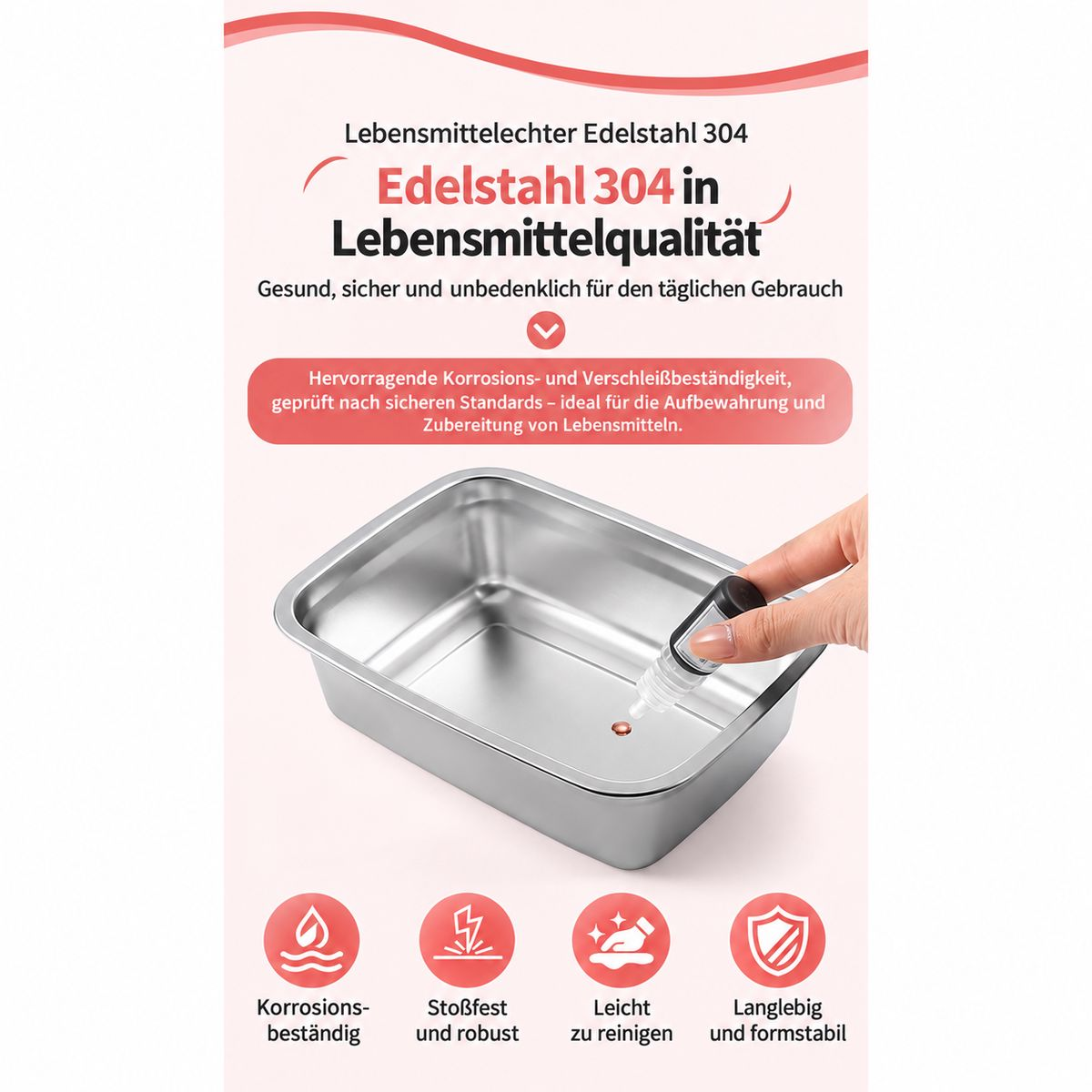 Edelstahl 304 in Lebensmittelqualität, korrosionsbeständig und robust, mit Hand tropfend.