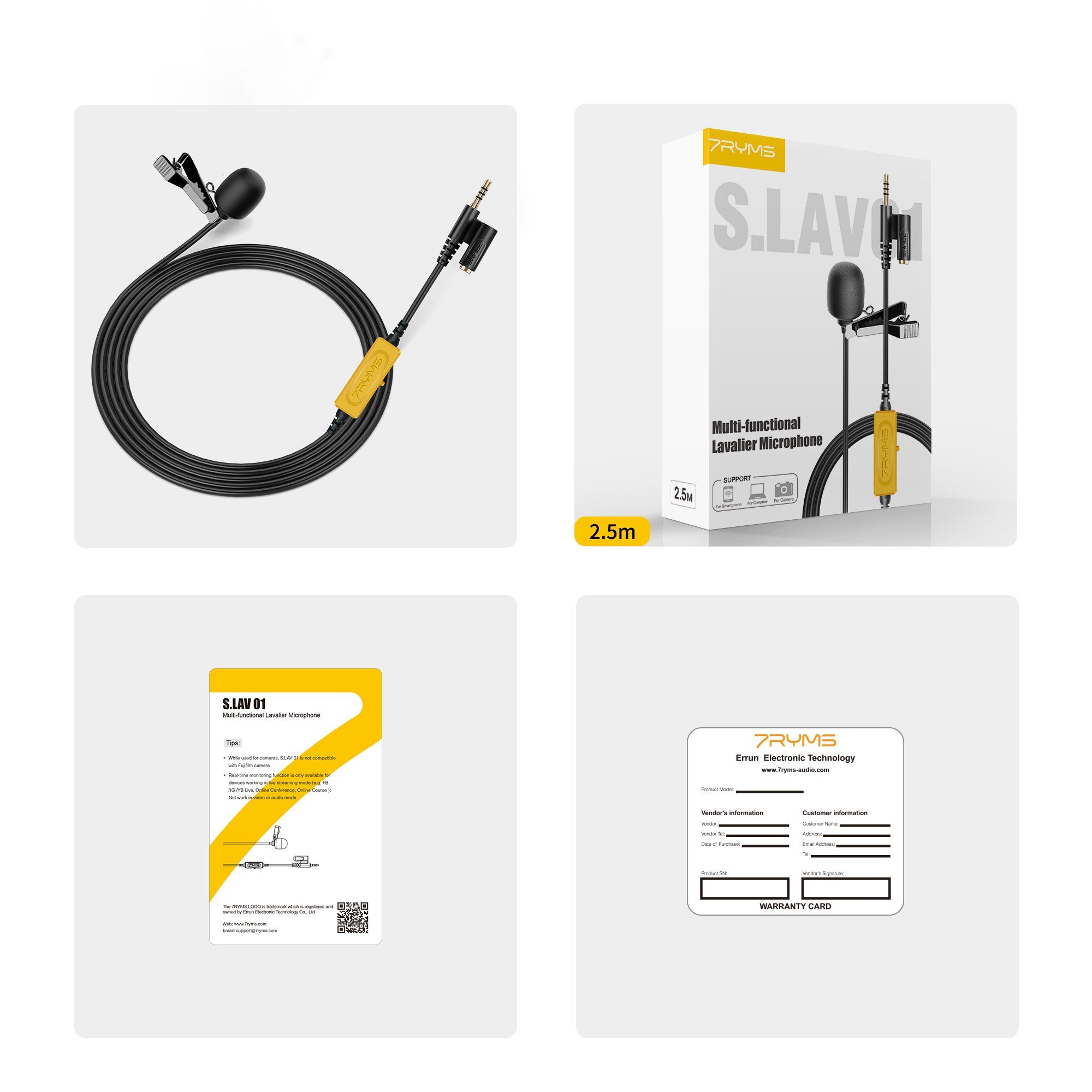 A set including a lavalier microphone, packaging, manual, and warranty card.
