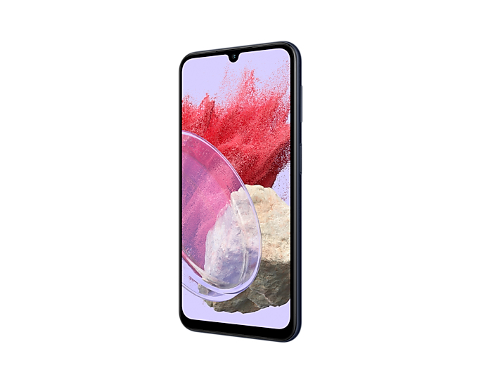 Bir akıllı telefon, soyut kırmızı desenli ve kayalı mor bir duvar kağıdı gösteriyor.