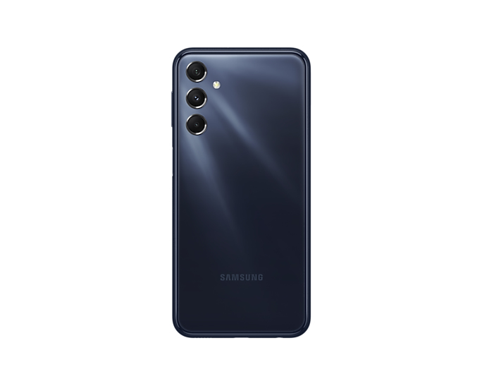 Üç dikey kamera lensi ve Samsung logosu bulunan koyu renkli bir Samsung akıllı telefonun arkası.
