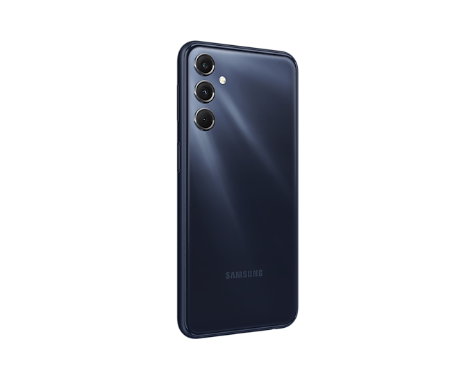 Dikey üçlü kamera kurulumu ve ortalanmış logosu olan koyu mavi renkli bir Samsung akıllı telefonun arkası.