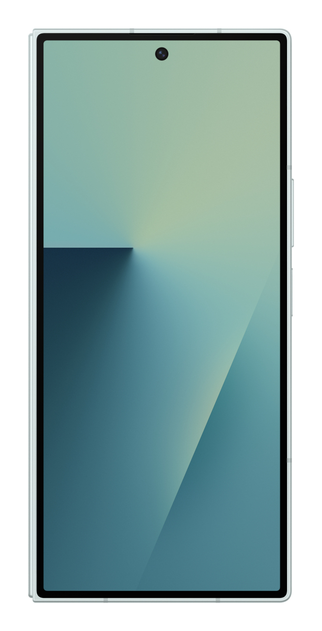 Smartphone avec écran lumineux, fond dégradé bleu-vert et découpe de caméra supérieure.