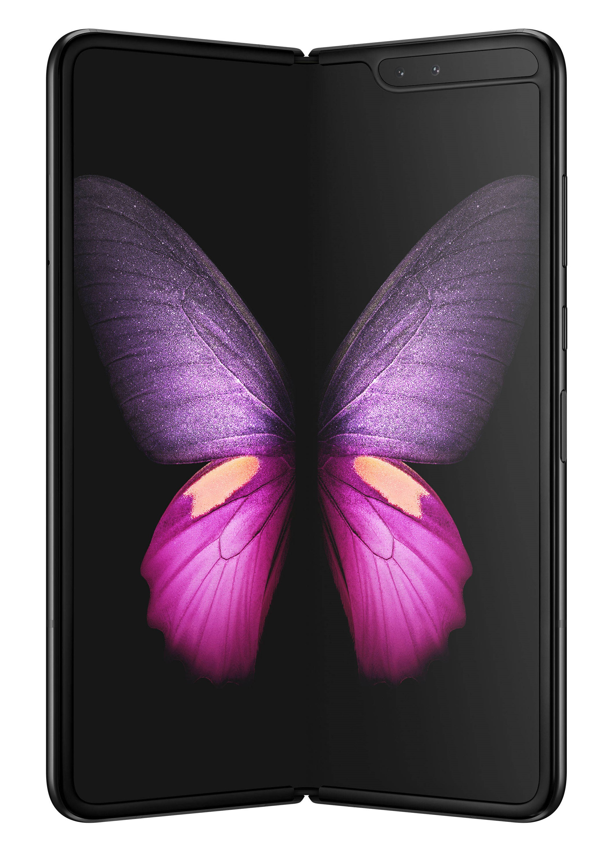 Ein faltbares Smartphone mit einem Bildschirm, der ein lila Schmetterlingsflügel-Muster auf schwarzem Grund zeigt.