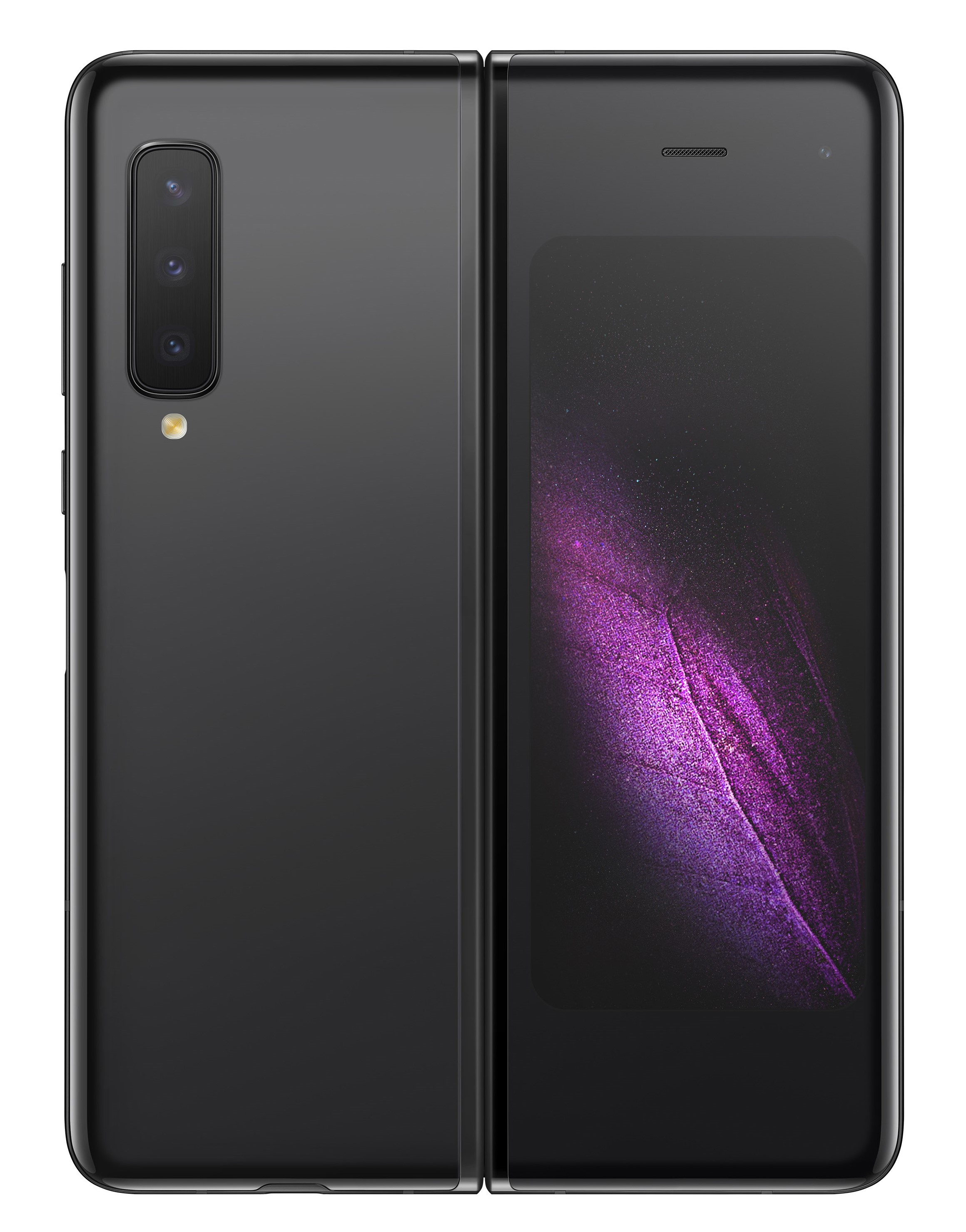 Ein schwarzes faltbares Smartphone zeigt die Rückseite mit drei Kameras und den vorderen Bildschirm.