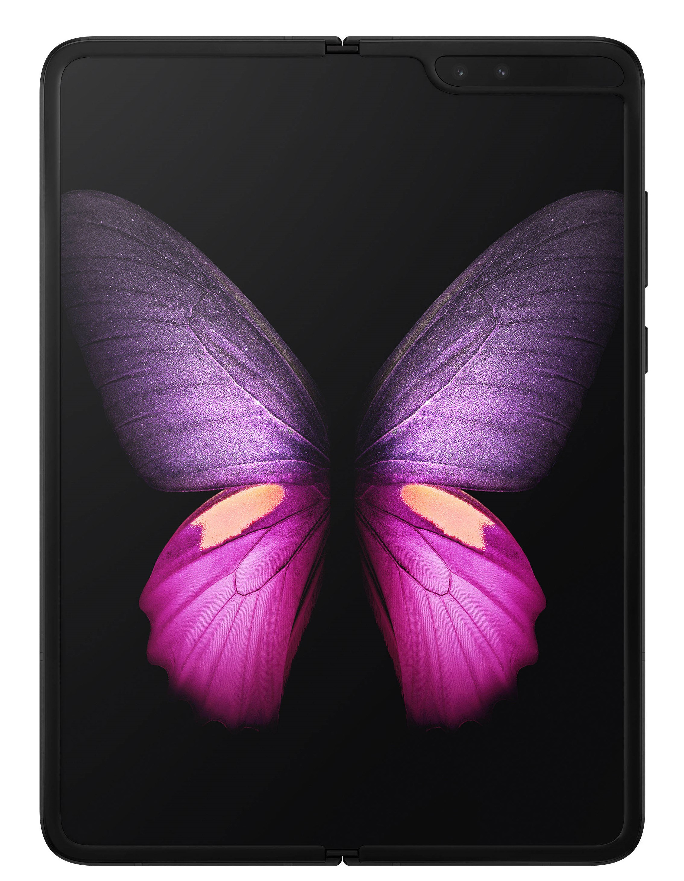 Ein schwarzes Smartphone mit aufgeklapptem Bildschirm zeigt die Grafik von purpurnen Schmetterlingsflügeln.