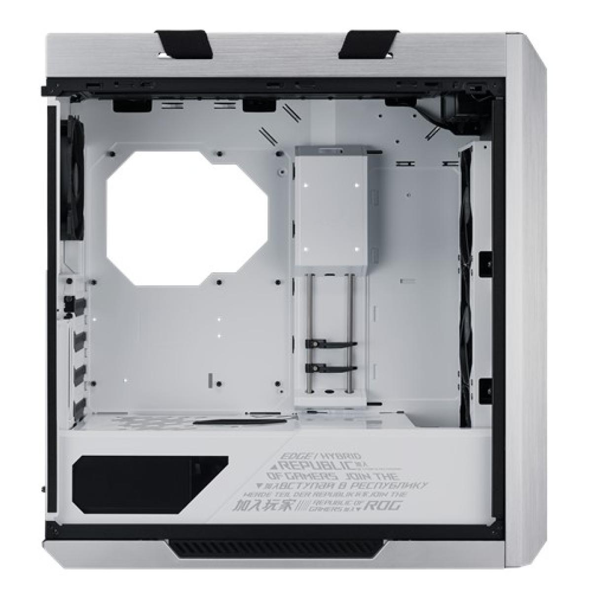 Vista interna di un case per PC bianco e argento con layout aperto e marchio.