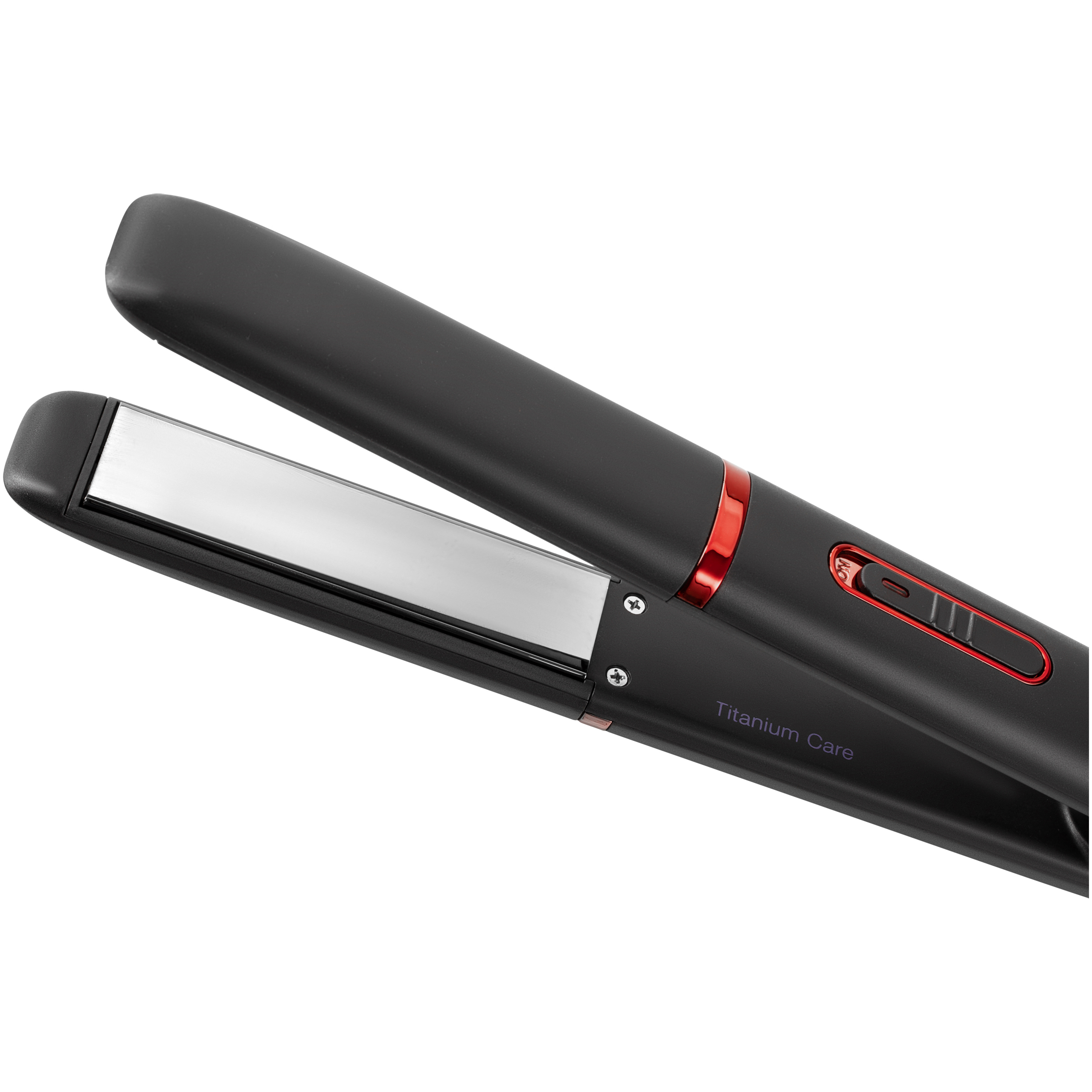 A black hair straightener with silver titanium plates and red accents on a white background.