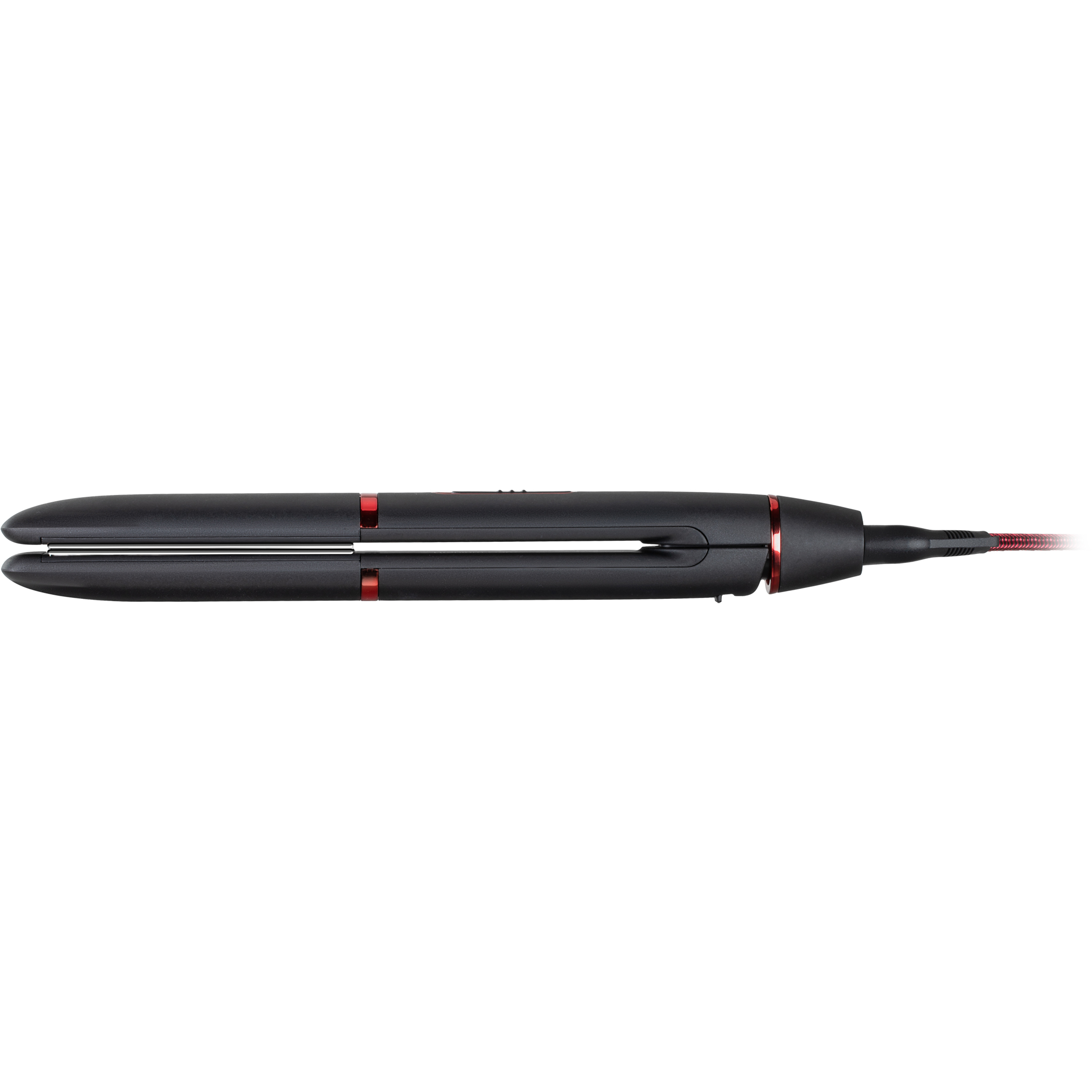 A closed black hair straightener with red accents and a red cord against a white background.