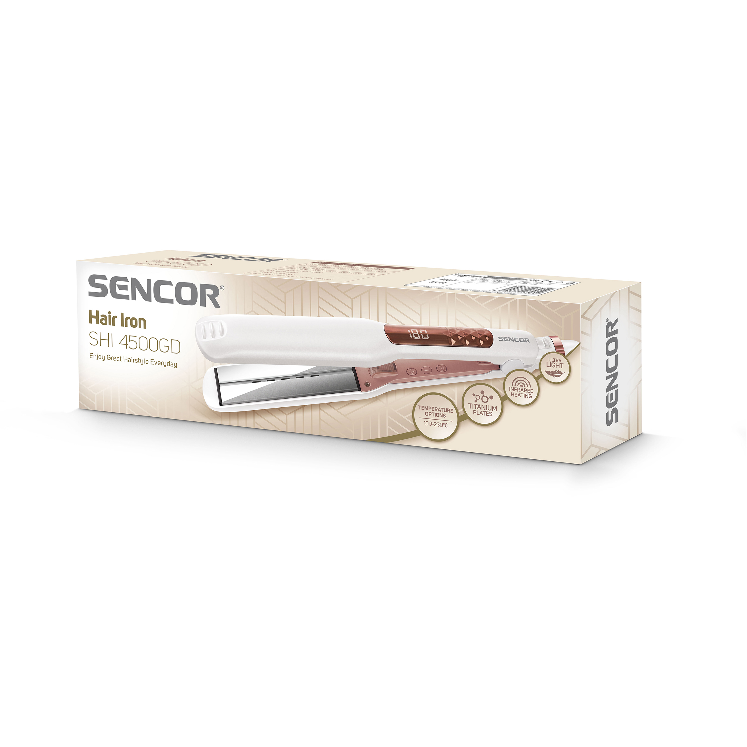 Piastra per capelli Sencor SHI 4500GD nella sua confezione bianca e oro.
