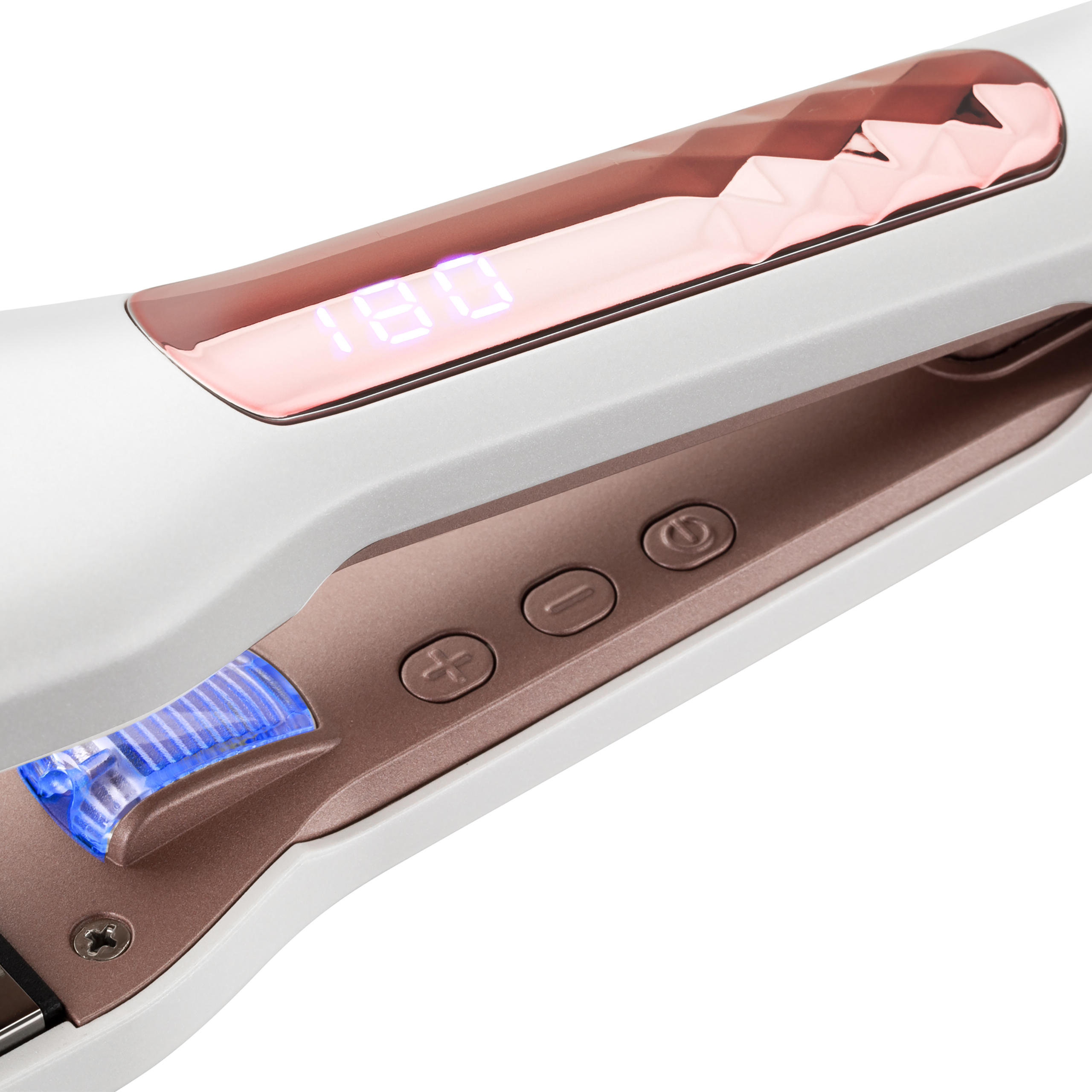 Una piastra per capelli bianca e oro rosa con display digitale che mostra 180 e pulsanti di controllo.