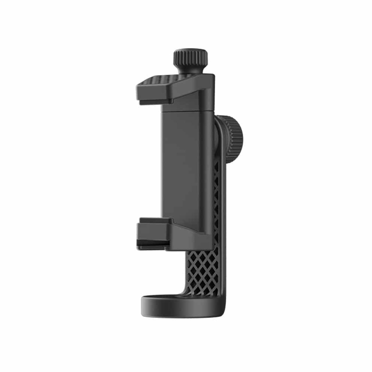 Eine schwarze Smartphone-Halterung mit verstellbaren Klemmen und einem Rändelrad vor weißem Hintergrund.