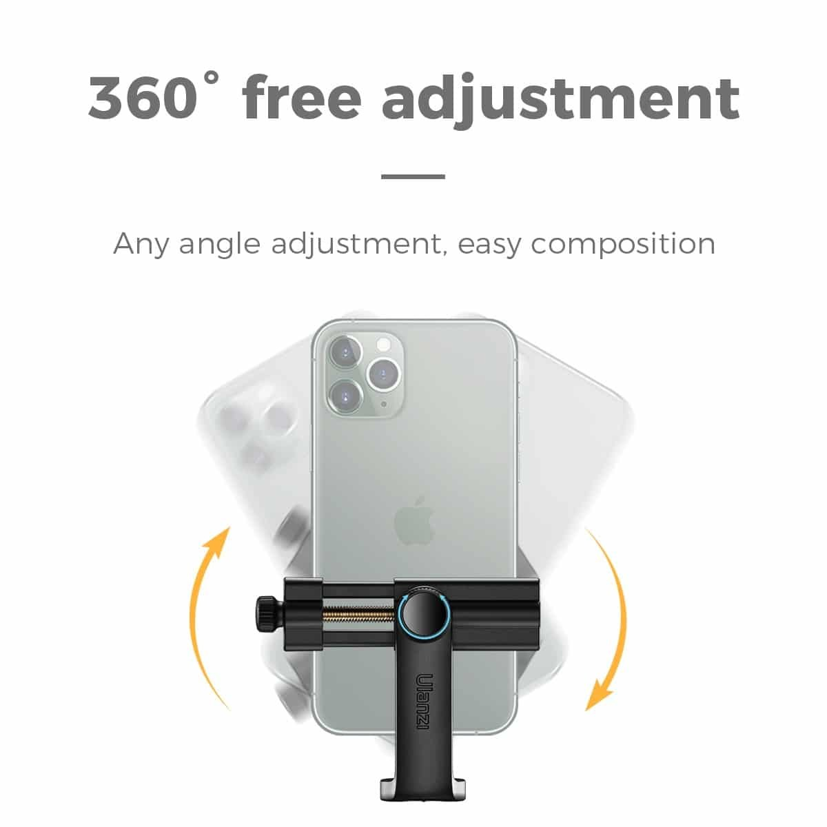 Ein graues Smartphone in einer schwarzen Halterung mit 360-Grad-Drehsymbolen und dem Text über die Ausrichtung.