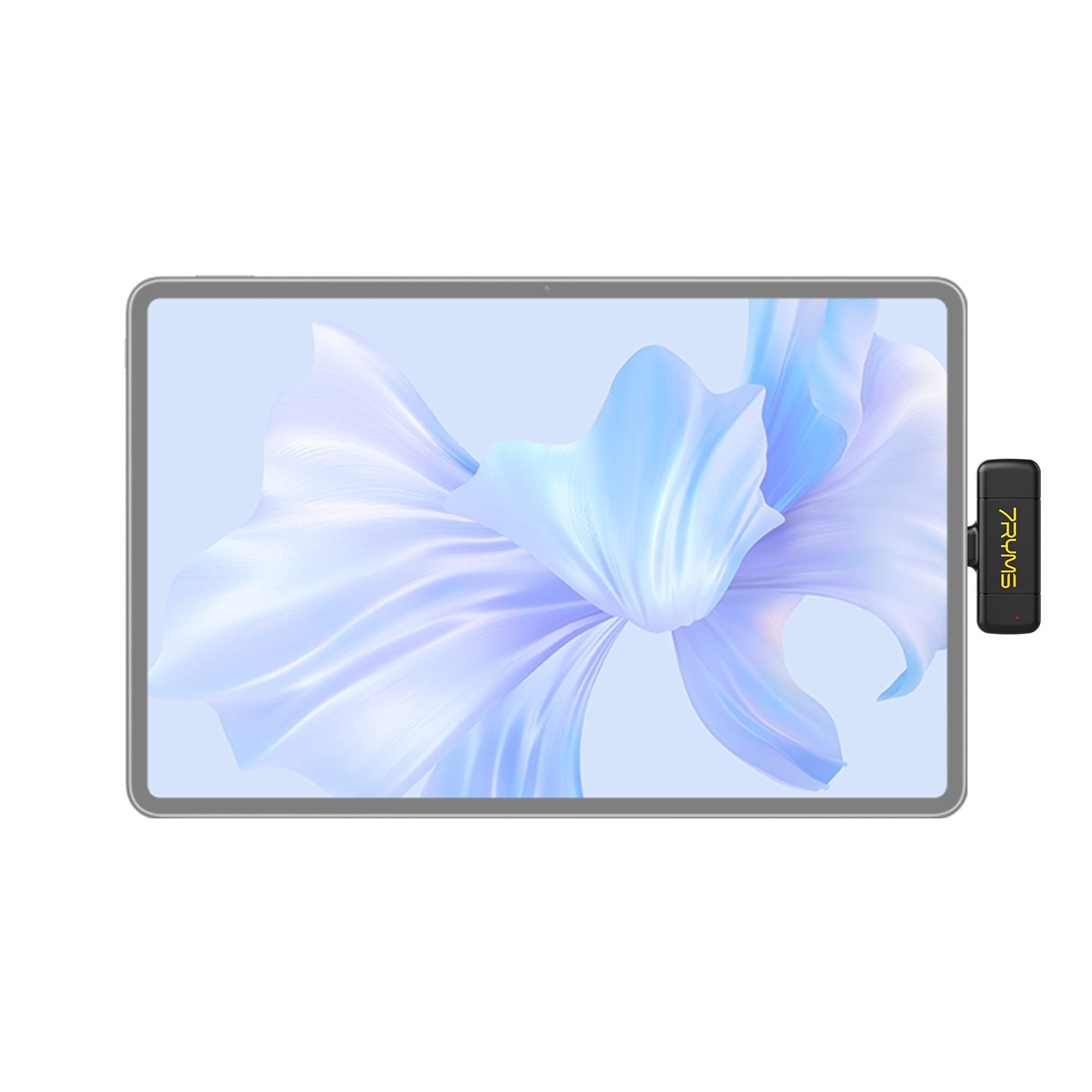 A tablet with a light blue flower graphic on screen and a black USB dongle plugged into the side.