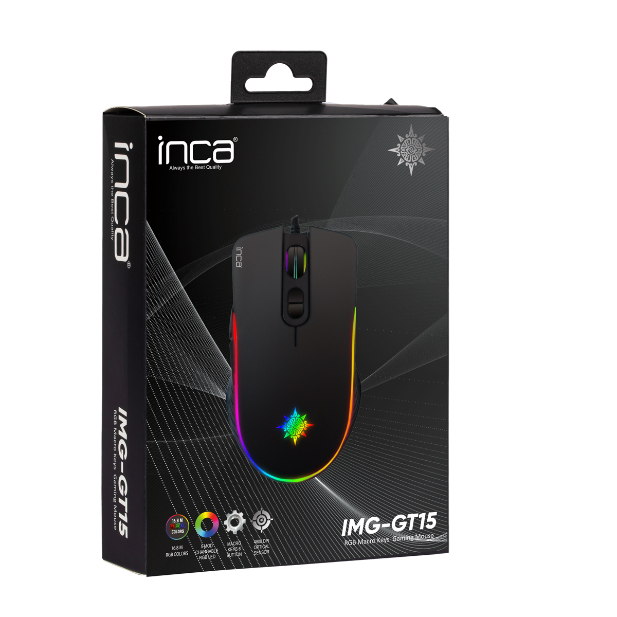 Beyaz arka planda RGB aydınlatmalı ve ürün detaylı siyah Inca IMG-GT15 oyuncu mouse kutusu.