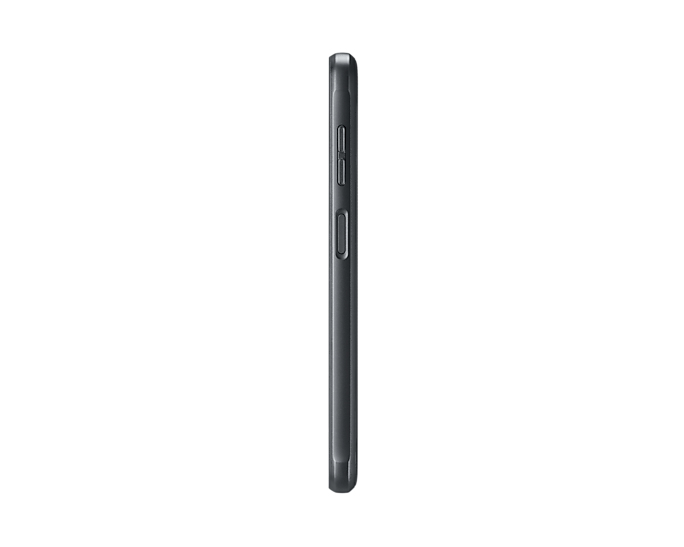 Vista laterale di uno smartphone scuro con tasti fisici visibili su sfondo bianco.