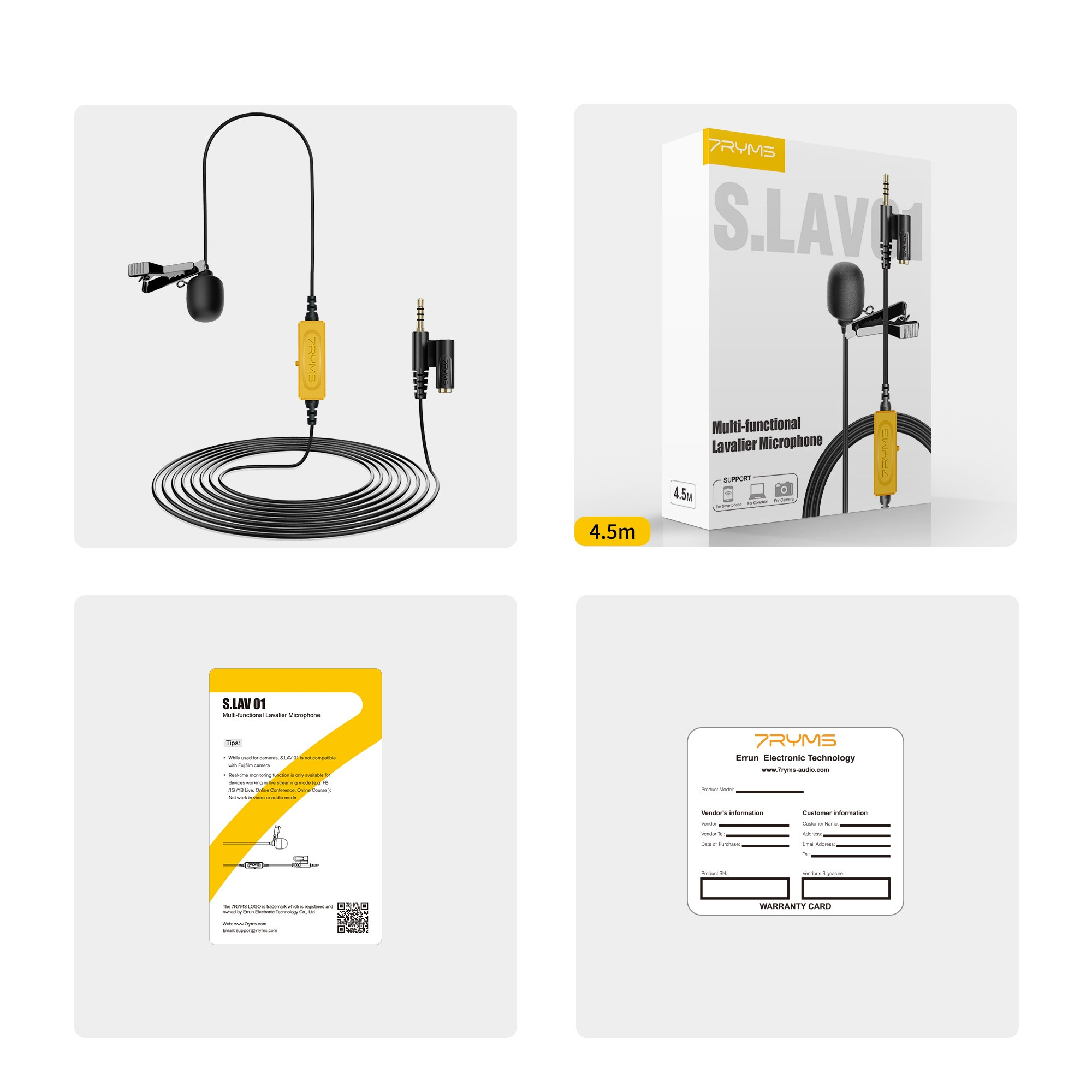 A black lavalier microphone with long cable, yellow module, clip, and 3.5mm audio jack on a light background.