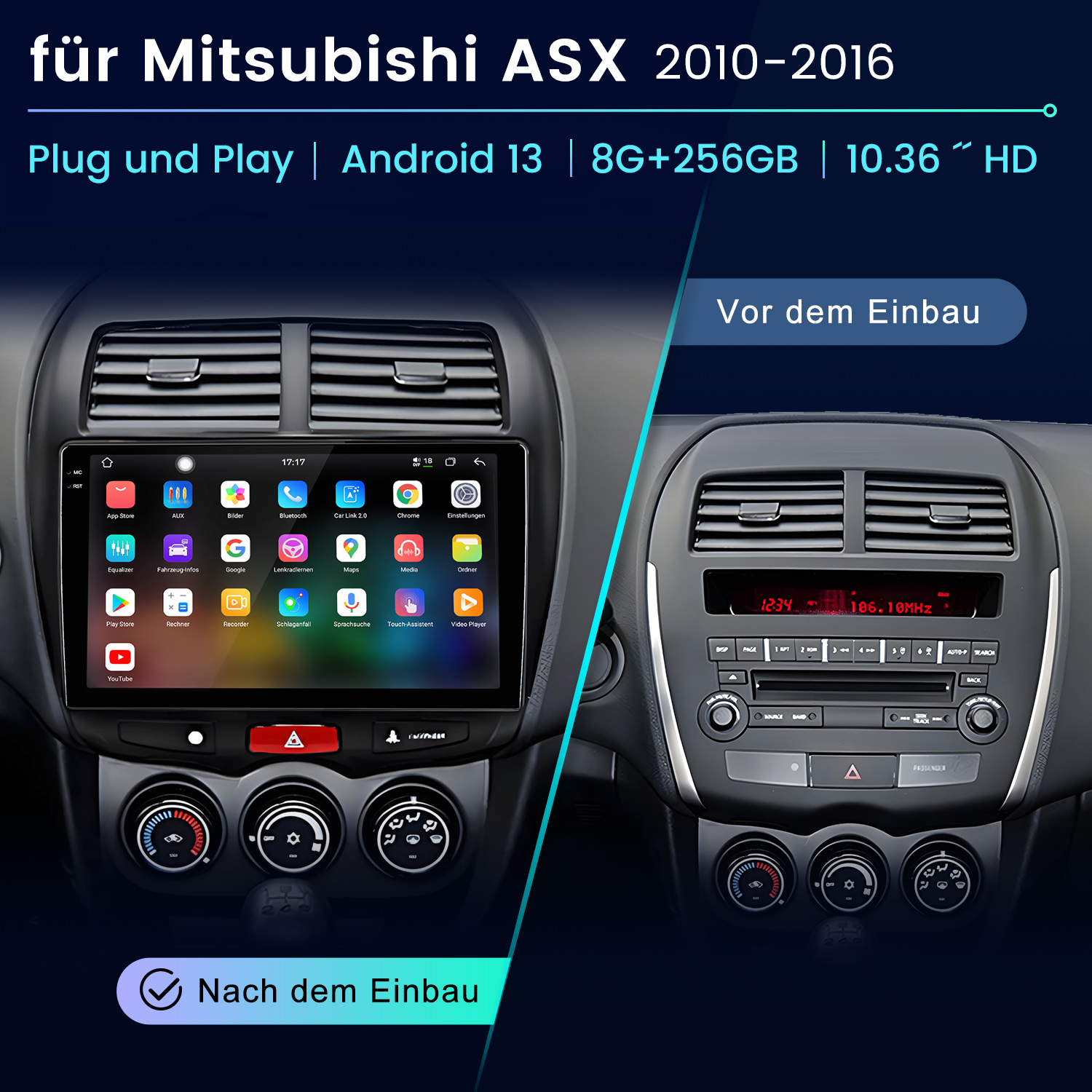 Vergleich Mitsubishi ASX Cockpit vor und nach dem Einbau eines Android-Navis.