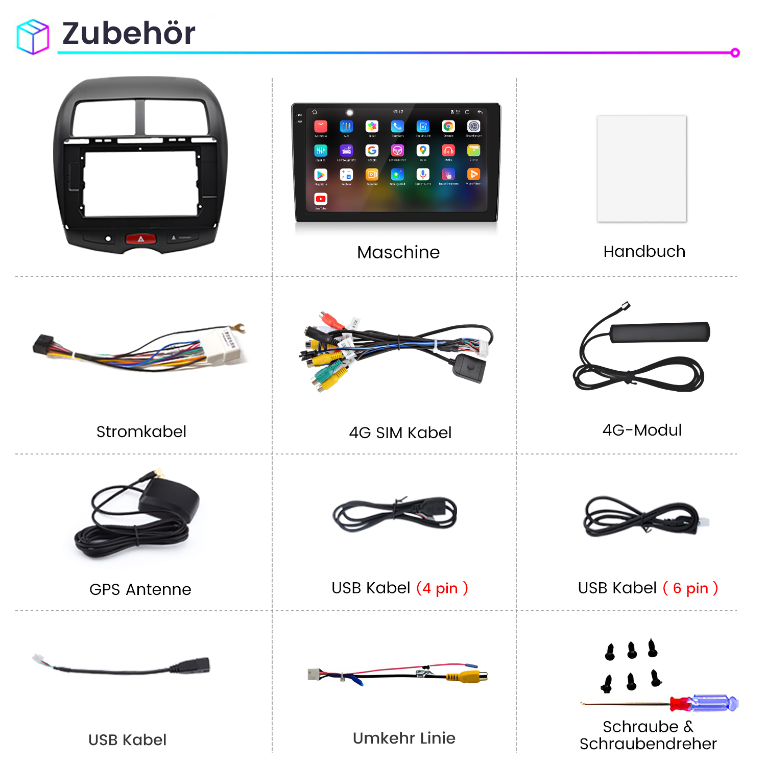 Übersicht von Autozubehörteilen wie Radioblende, Kabeln, Antenne und Schrauben.
