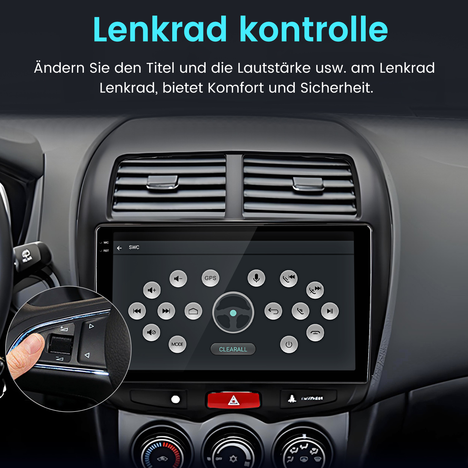 Autocockpit mit Touchscreen für Lenkradsteuerung und Detailaufnahme der Tasten.