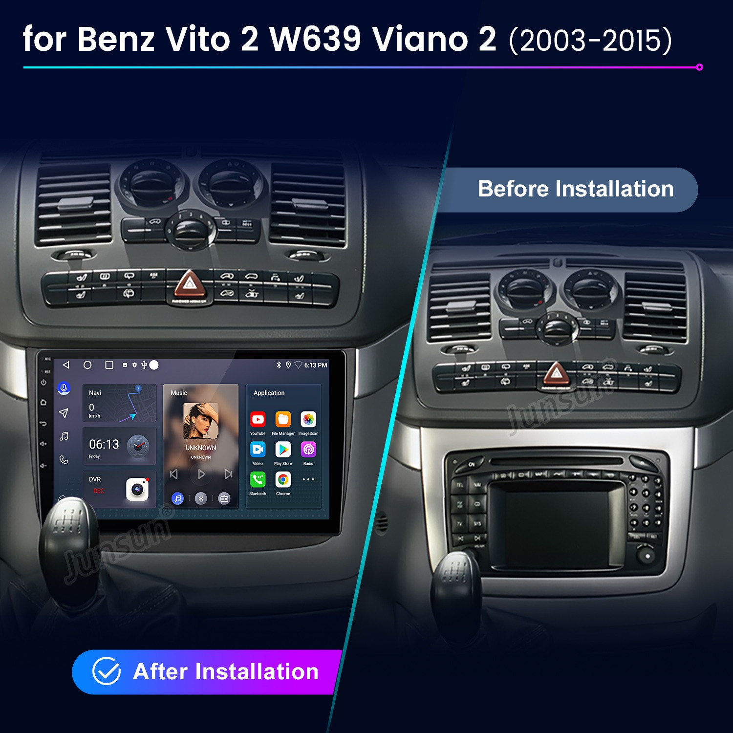 Vergleich des Benz Vito Armaturenbretts vor und nach der Installation eines modernen Multimediaschirms.