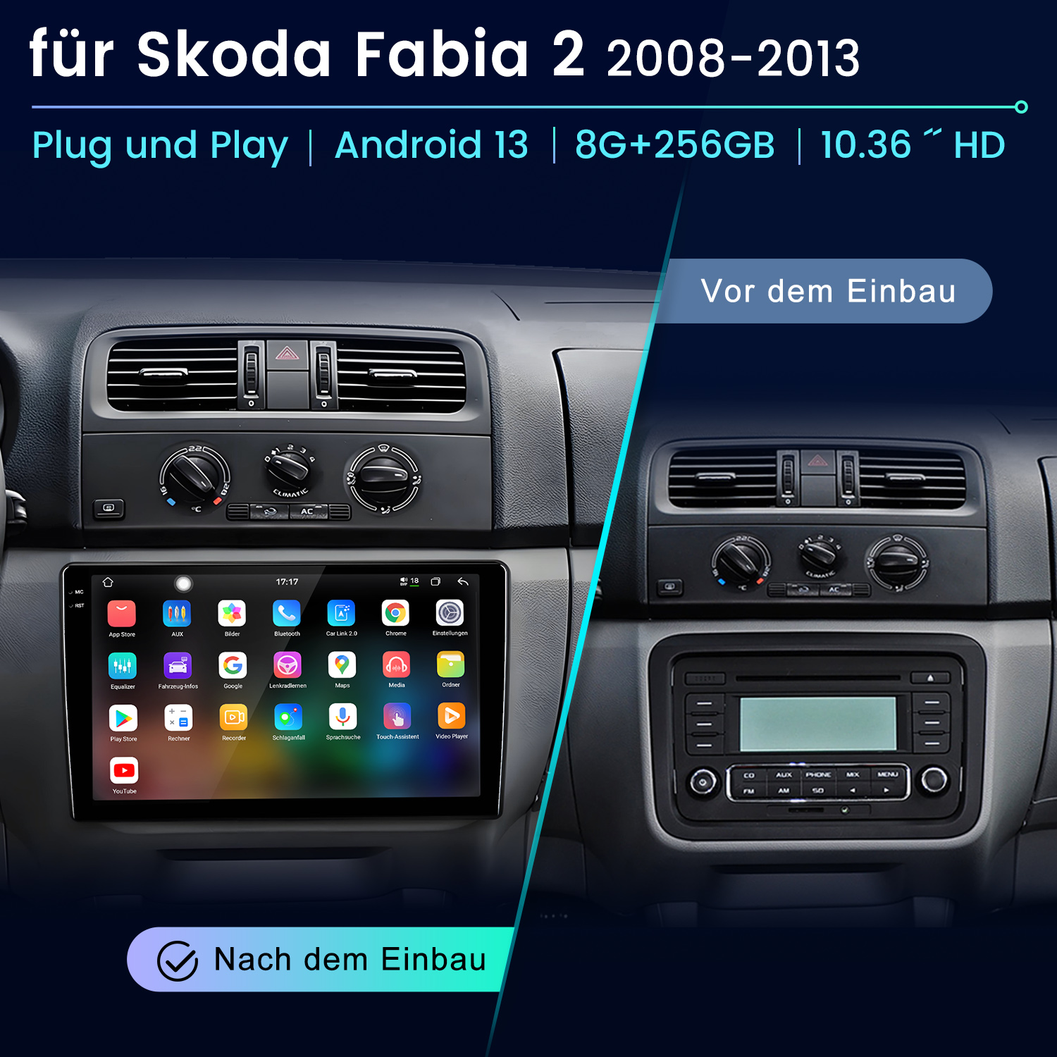 Vergleich der Skoda Fabia Mittelkonsole vor und nach dem Einbau eines großen Android-Displays.