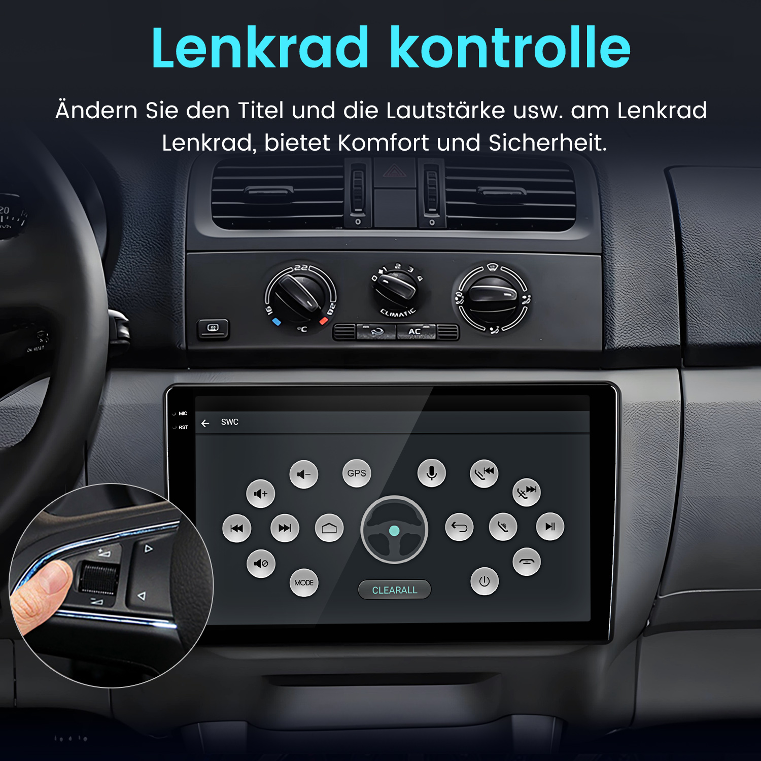 Autoinnenraum mit Touchscreen, der Lenkradsteuerungsoptionen zeigt, inklusive Inset-Bild der Lenkradtasten.