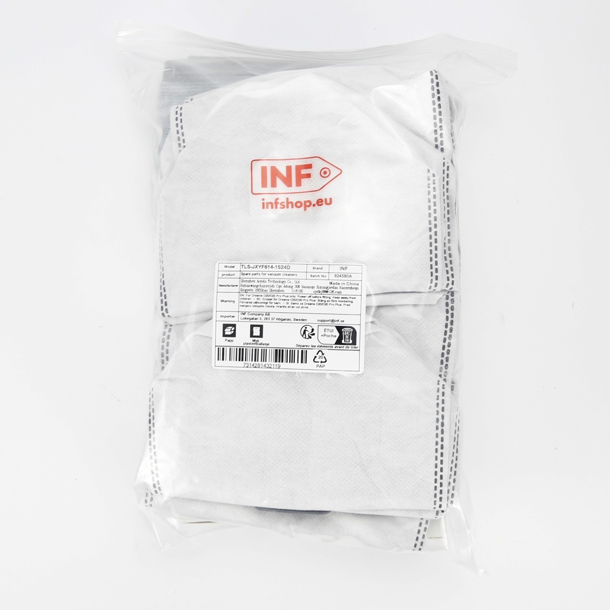Ersatzfilter für Staubsauger in einer Plastiktüte mit Etikett.