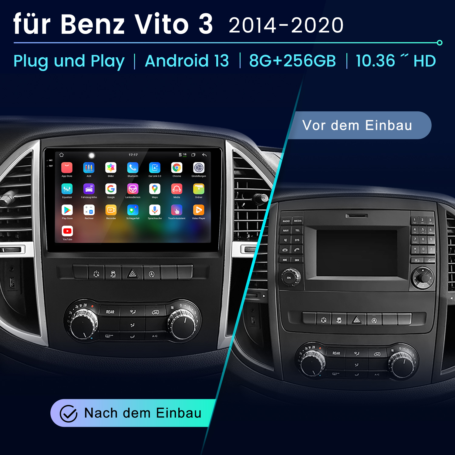 Vergleich Auto-Armaturenbrett vor und nach dem Einbau eines Android-Multimediasystems für Benz Vito 3.