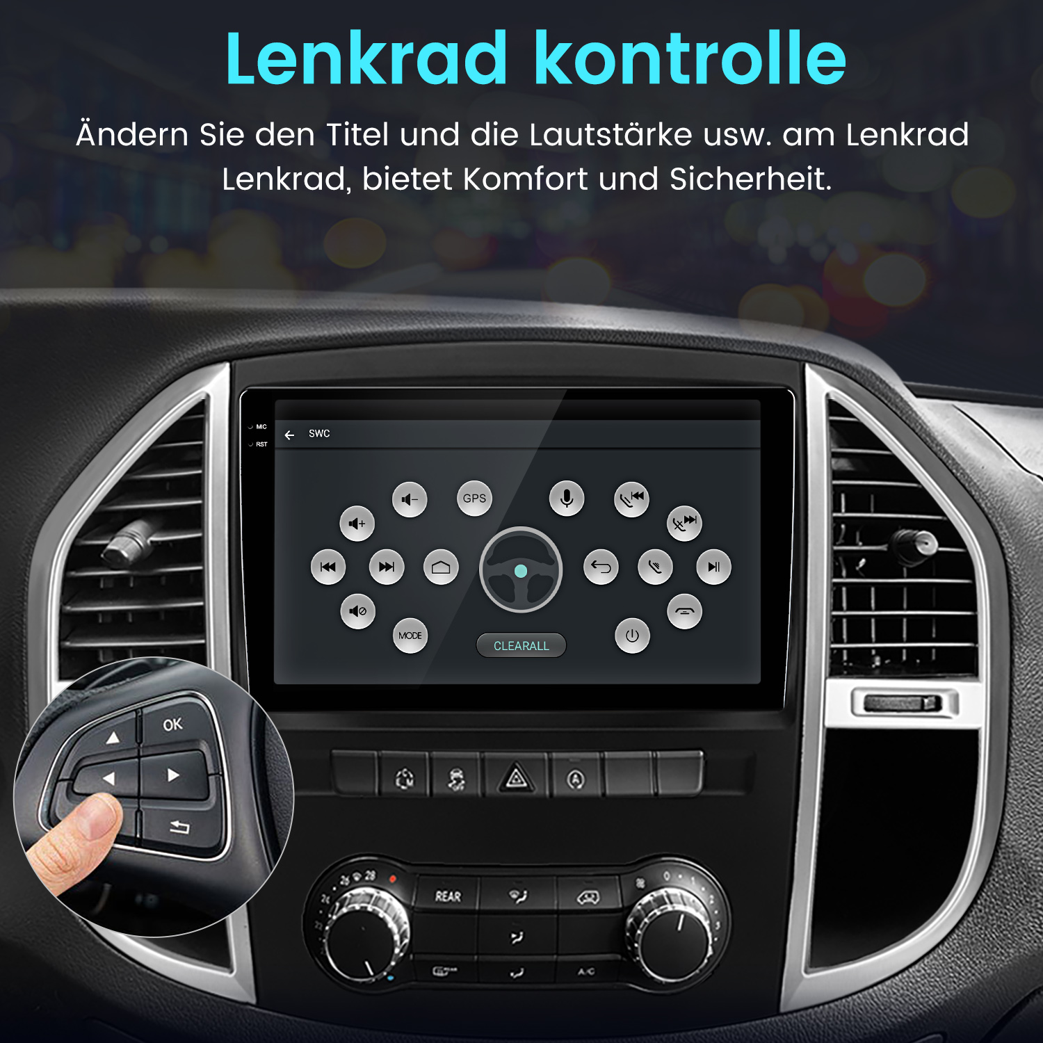 Autoinnenraum mit Touchscreen-Display für Lenkradsteuerung und AC-Bedienelementen.