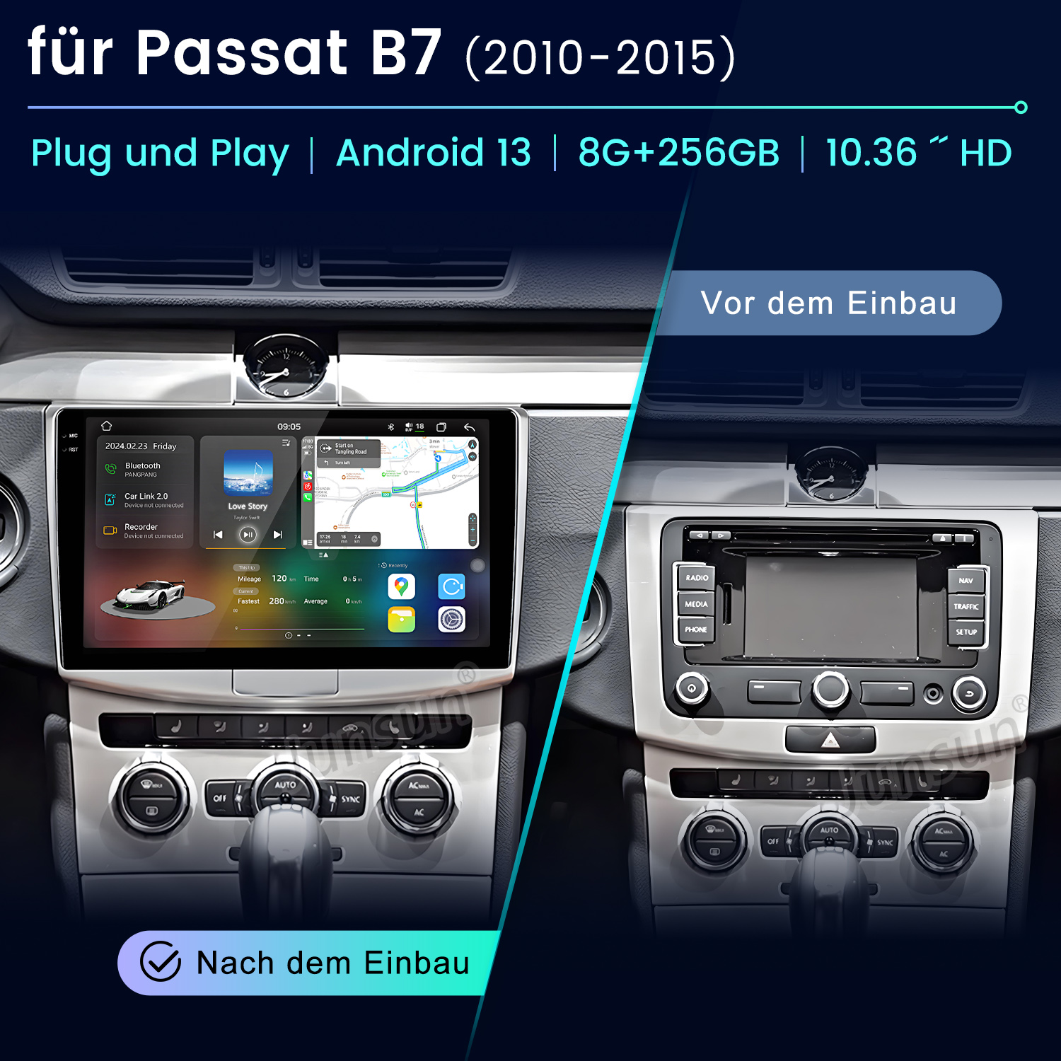 Vergleich eines Passat B7 Armaturenbretts vor und nach dem Einbau eines großen Touchscreen-Displays.
