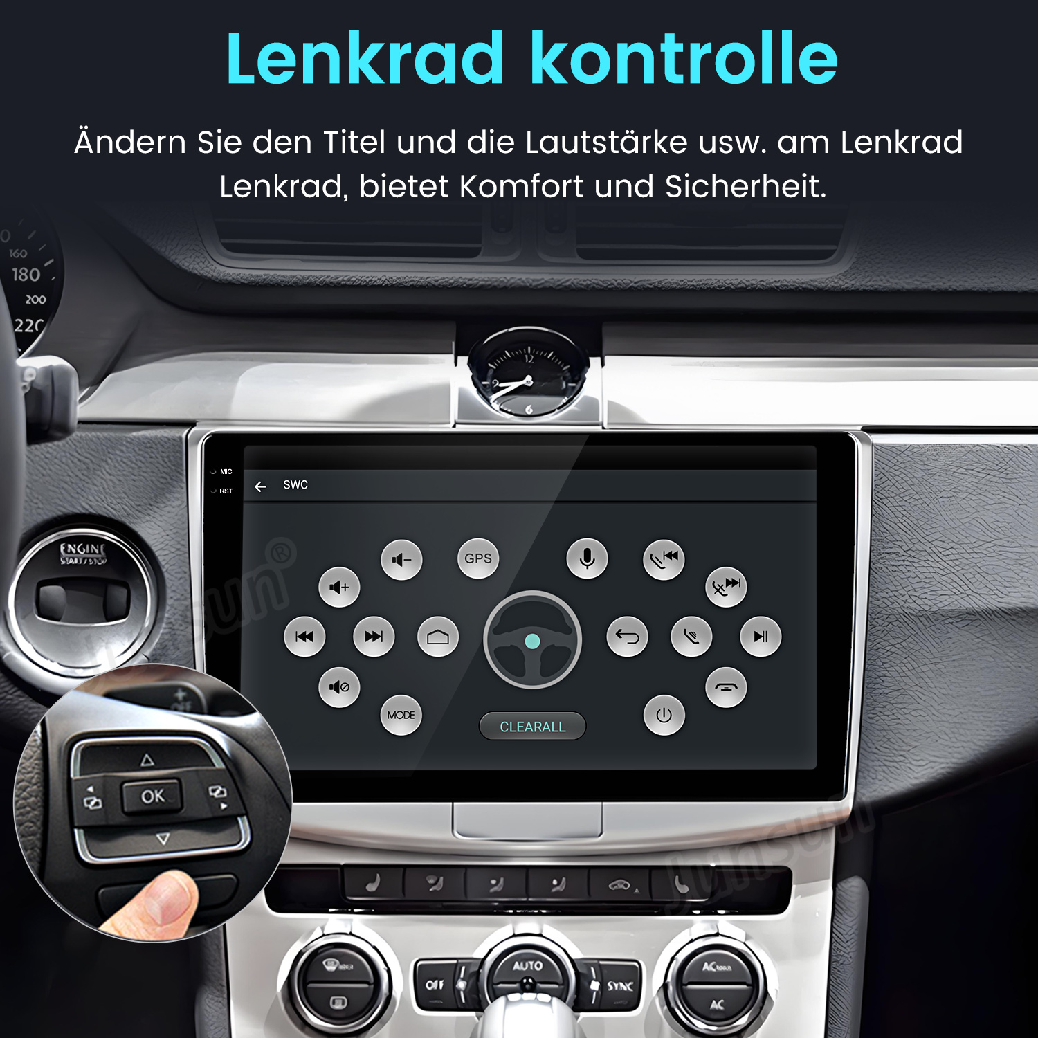 Autoinnenraum mit Touchscreen, der Lenkradsteuerungseinstellungen anzeigt, und Detailansicht der Lenkradtasten.