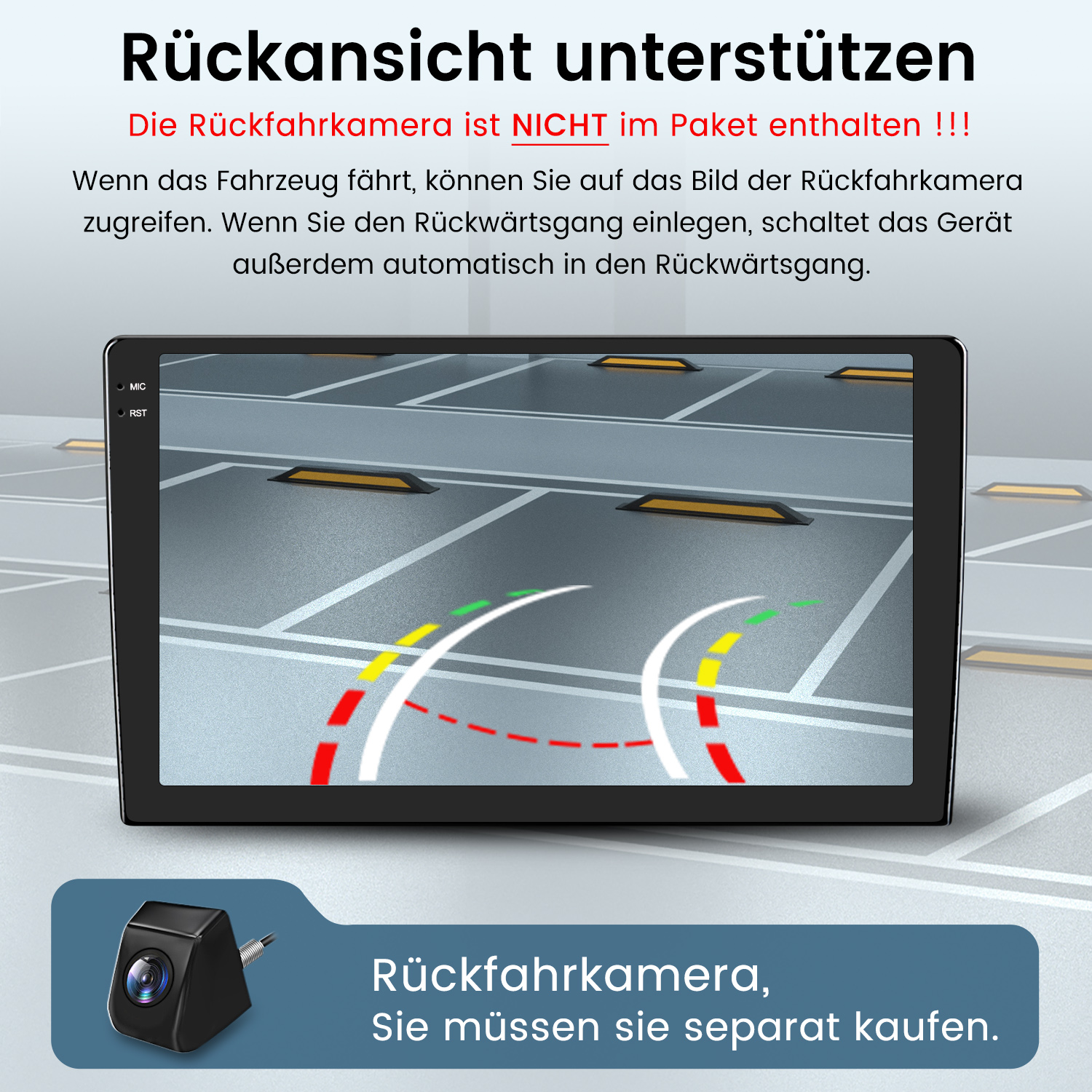 Auto-Bildschirm zeigt eine Parkplatzansicht mit roten, gelben und grünen Führungslinien; darunter eine kleine Kamera.