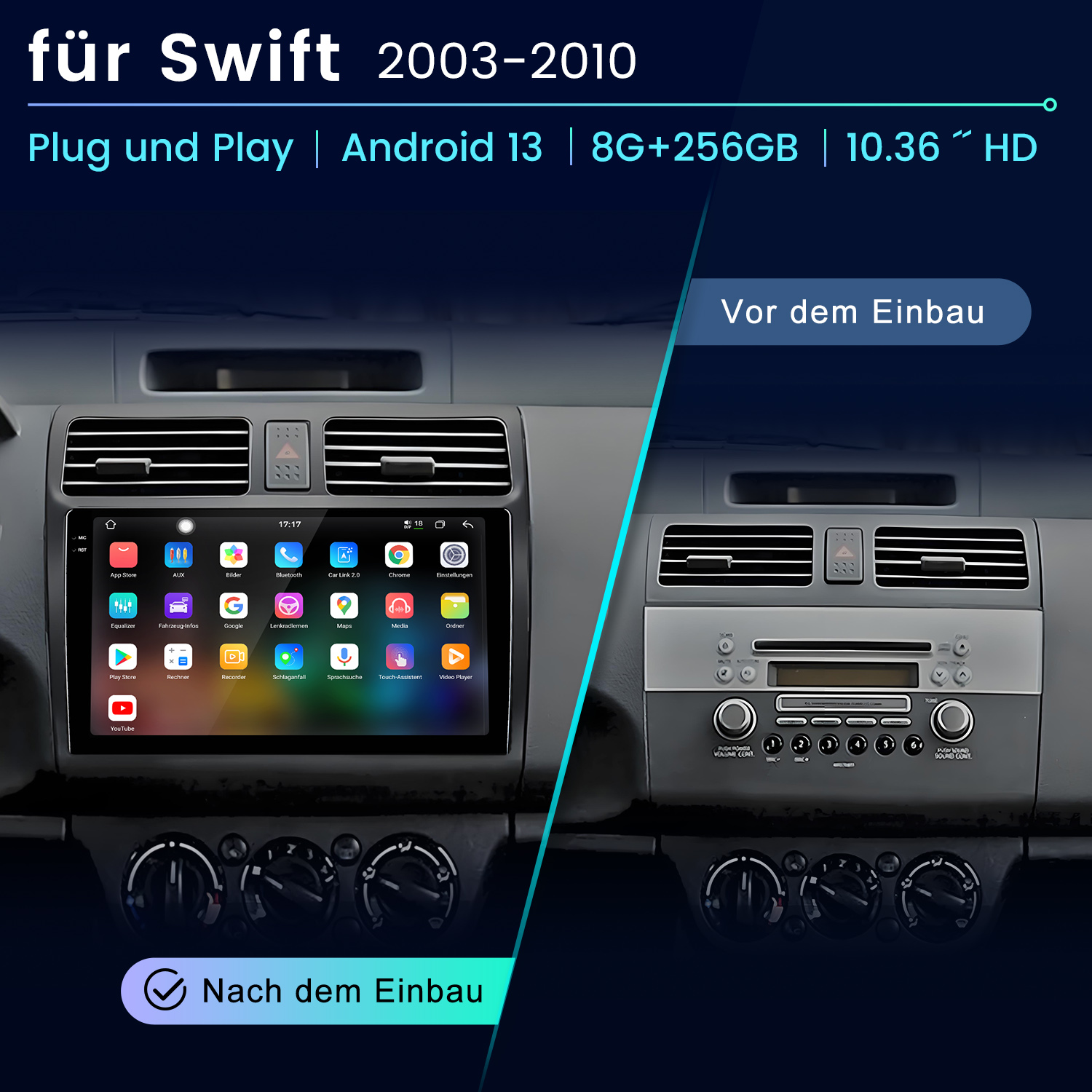 Vergleich eines Suzuki Swift Armaturenbretts vor und nach der Installation eines modernen Android-Displays.