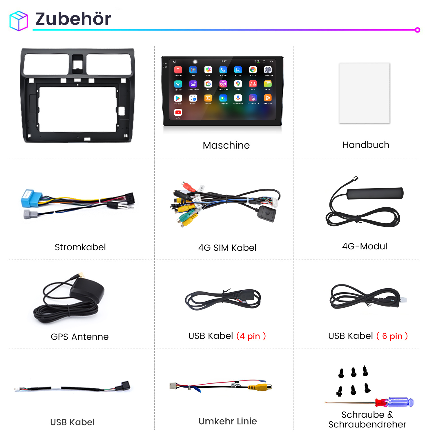 Übersicht des Zubehörs für ein Auto-Multimediasystem, einschließlich Display, Kabel, Antennen und Schrauben.