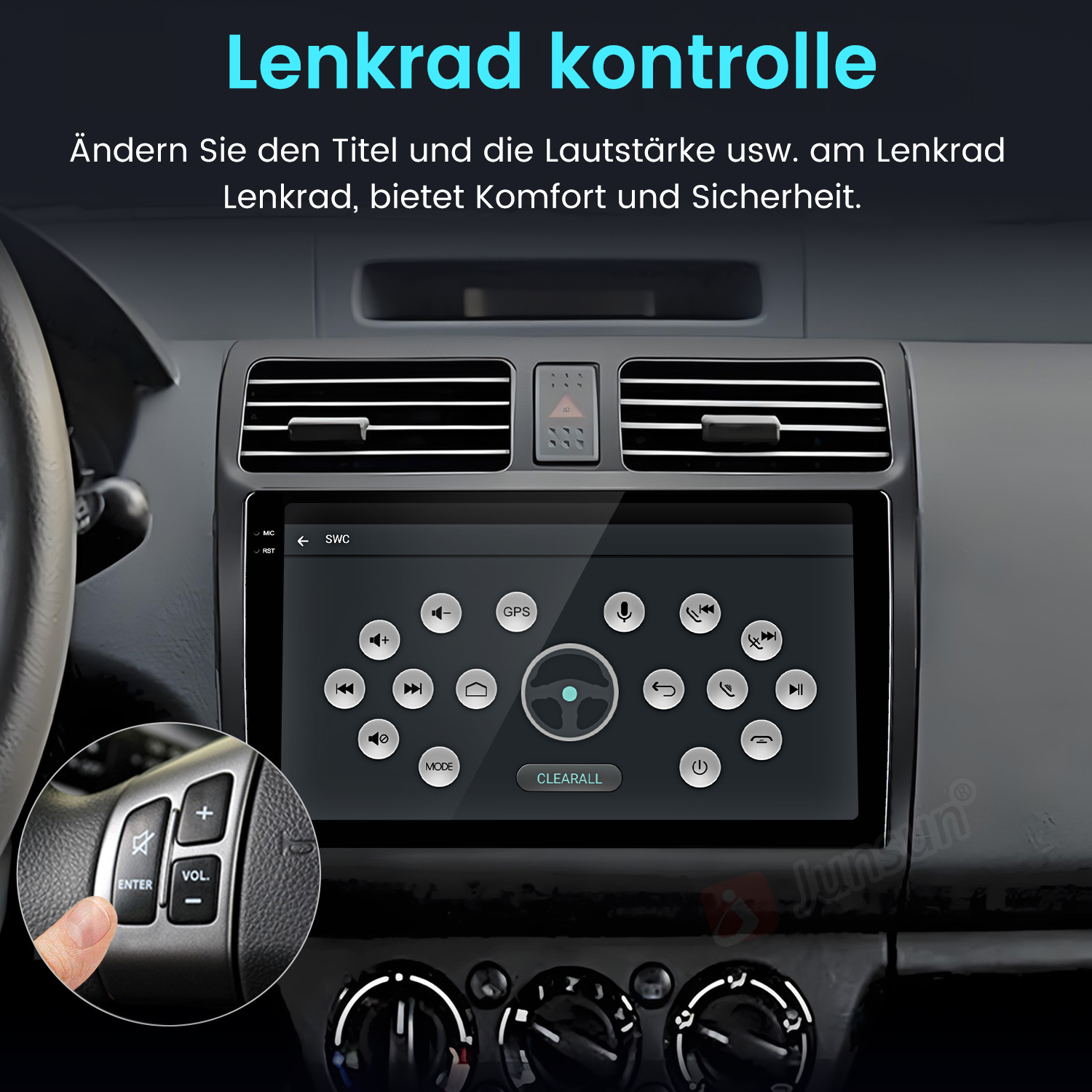 Autoinnenraum mit Touchscreen, der Lenkradsteuerungssymbole anzeigt, inklusive Nahaufnahme der Lenkradtasten.