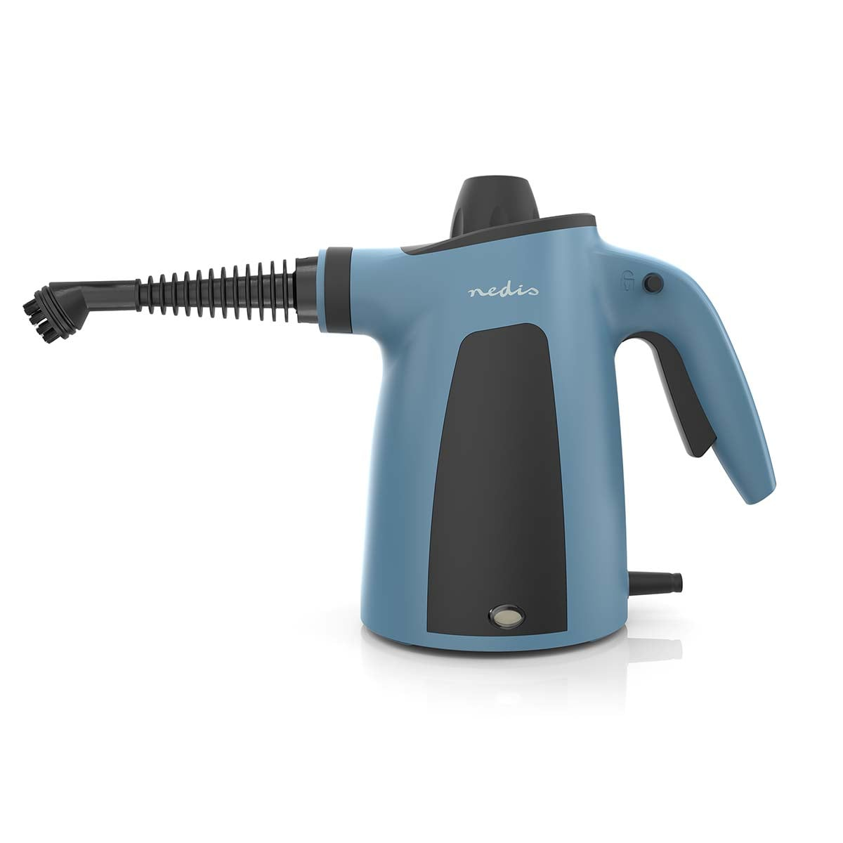 Ein blau-schwarzer Hand-Dampfreiniger mit Düse und Bürstenaufsatz vor weißem Hintergrund.