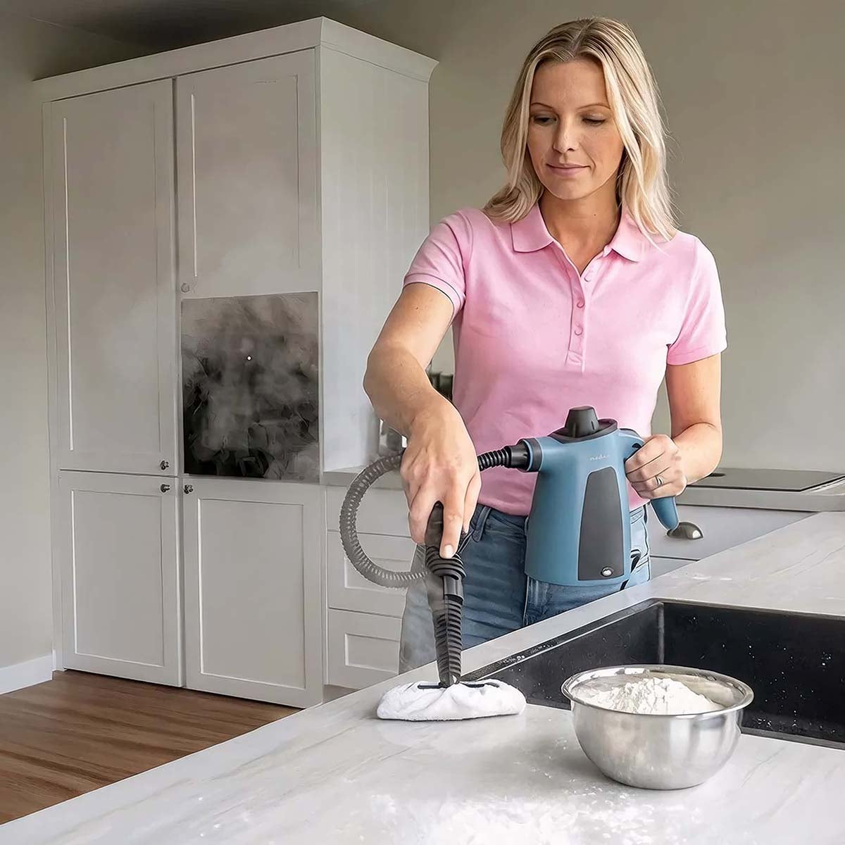 Eine blonde Frau in einem rosa Hemd reinigt eine Arbeitsplatte mit einem blauen Dampfreiniger in einer hellen Küche.