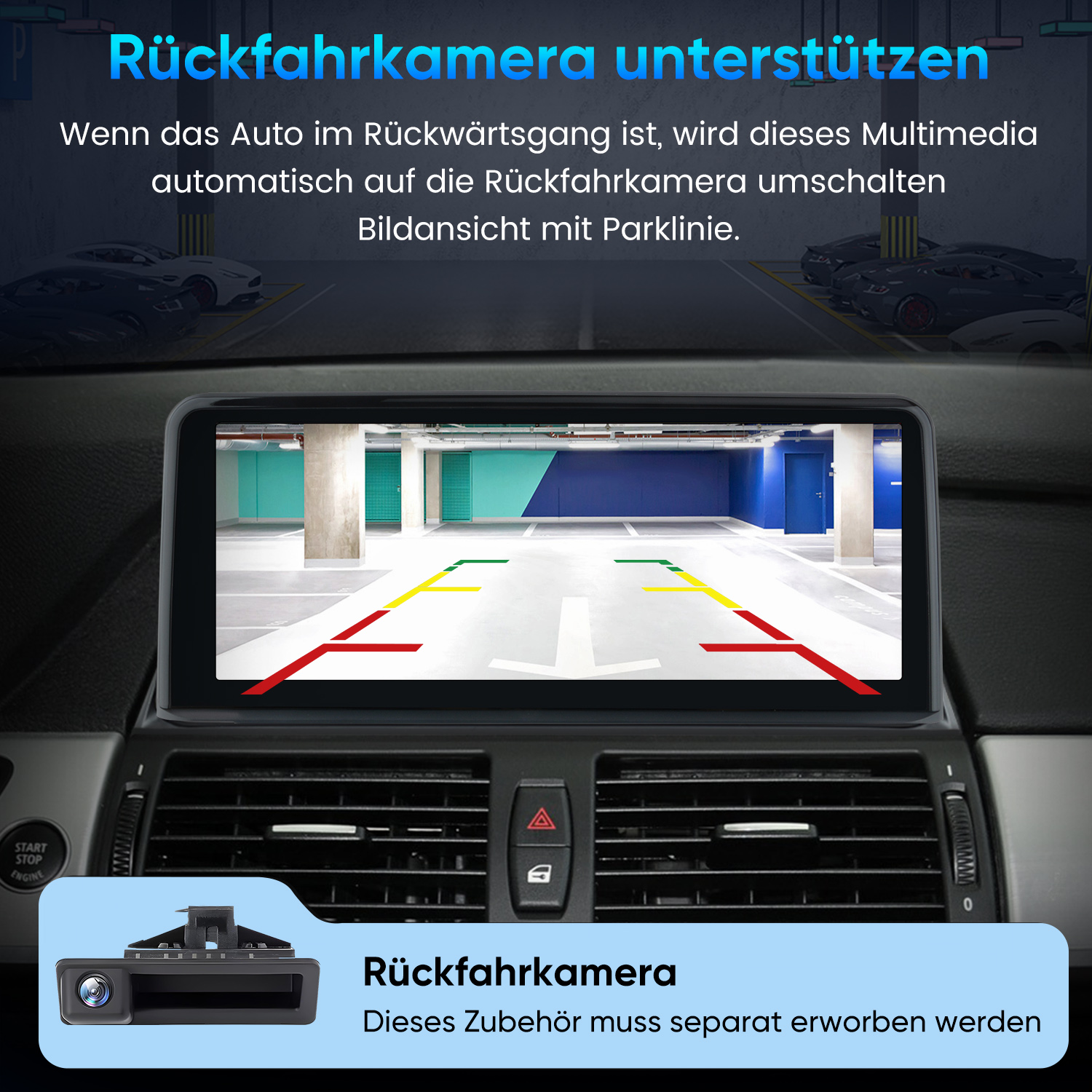 Autodisplay zeigt Rückfahrkameraansicht mit Parklinien in einer Tiefgarage.