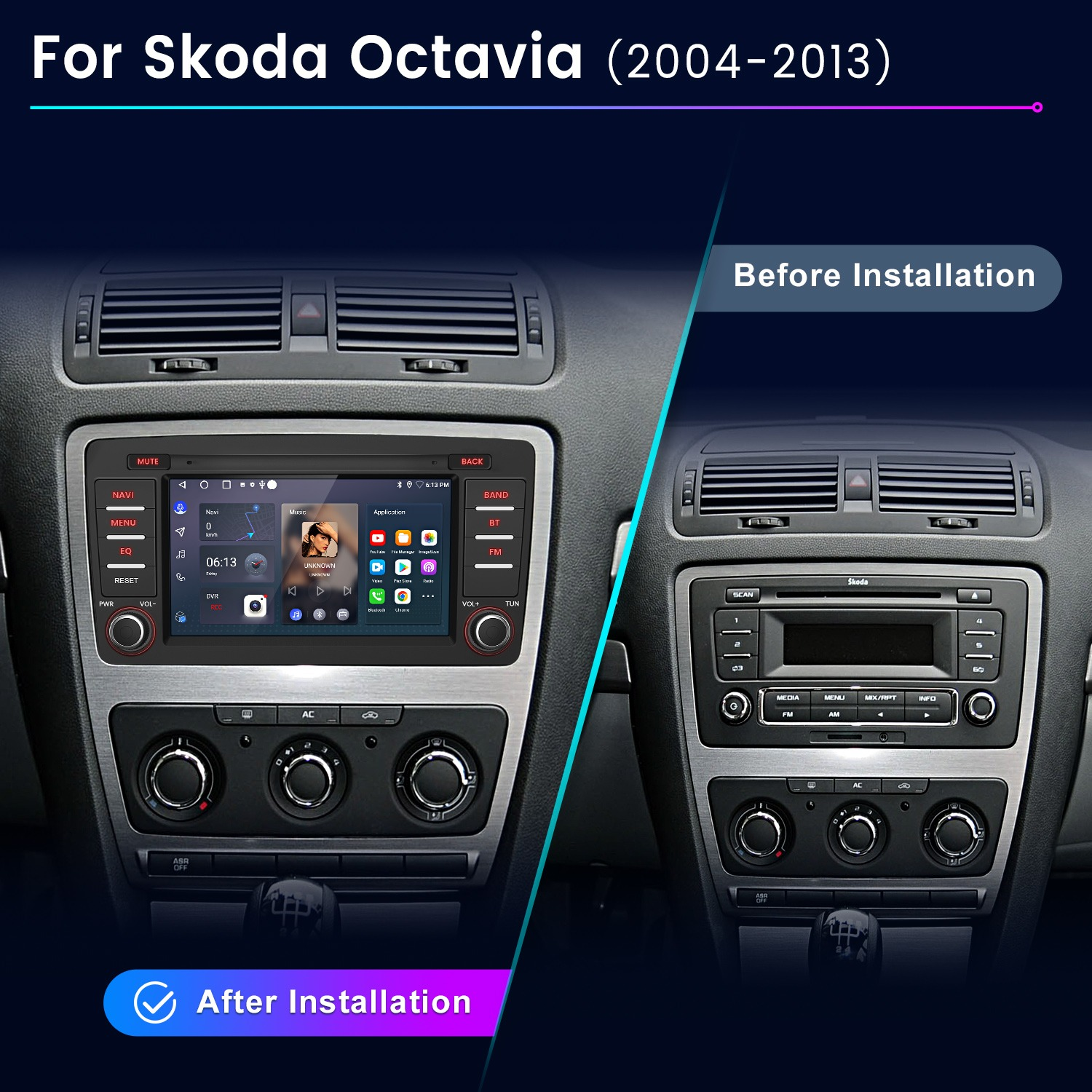 JUNSUN Skoda Octavia 2 2004-2013 64G GPS Autoradio, FM, Bluetooth, Schwarz