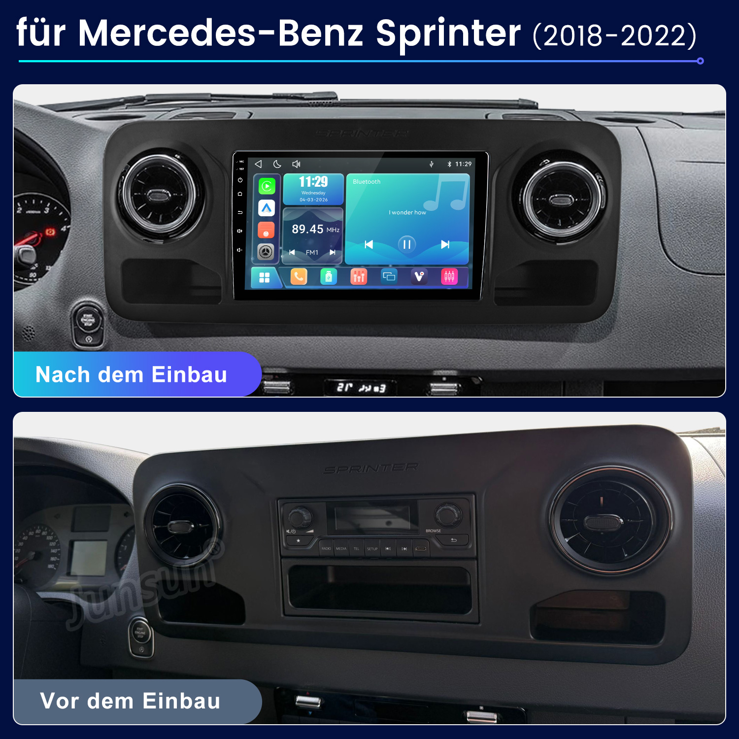 Vorher-Nachher-Vergleich des Armaturenbretts eines Mercedes-Benz Sprinter mit einem neuen Infotainment-Touchscreen.
