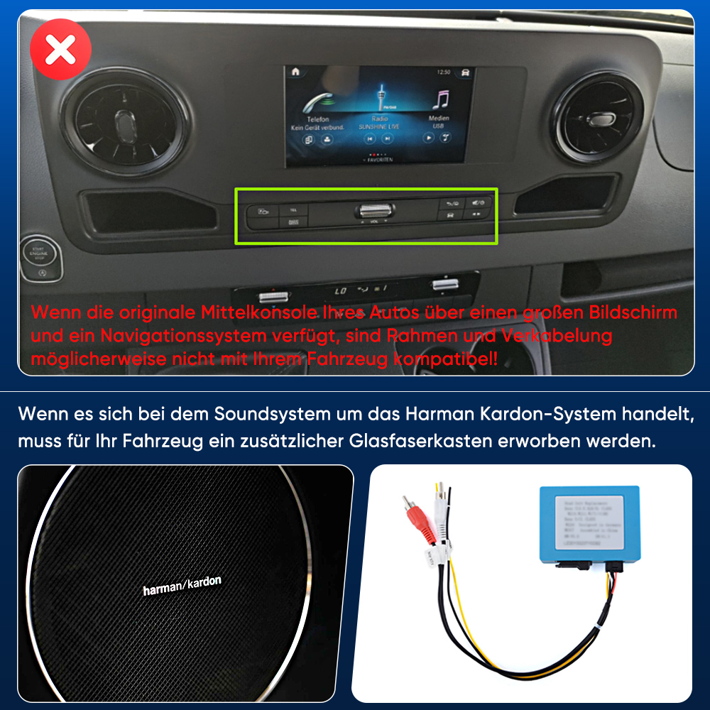 Kompatibilitätsleitfaden für das Armaturenbrett mit Lautsprecher und Glasfaseradapter.