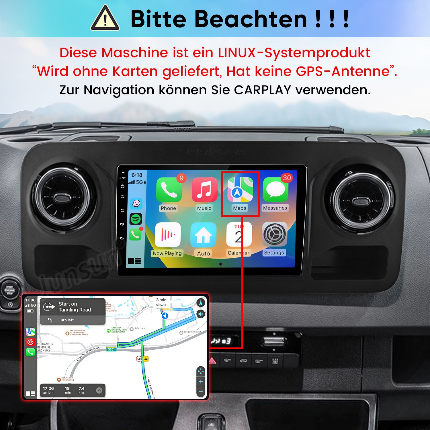 Linux-Autoradio im Armaturenbrett mit CarPlay-Navigation und Hinweistext.